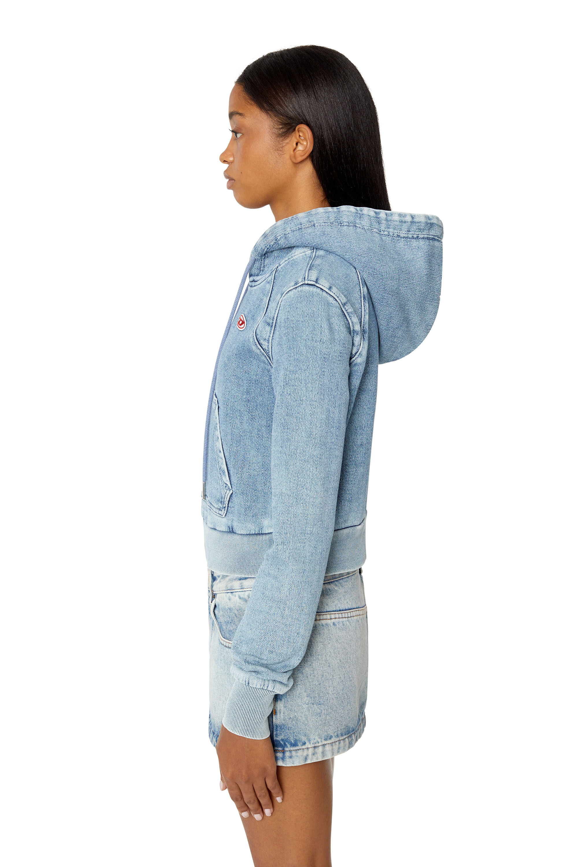 Diesel - D-ANGY TRACK DENIM HOODIE, Sweat-shirt &agrave; capuche cropped en Track Denim Femme in Bleu - 5