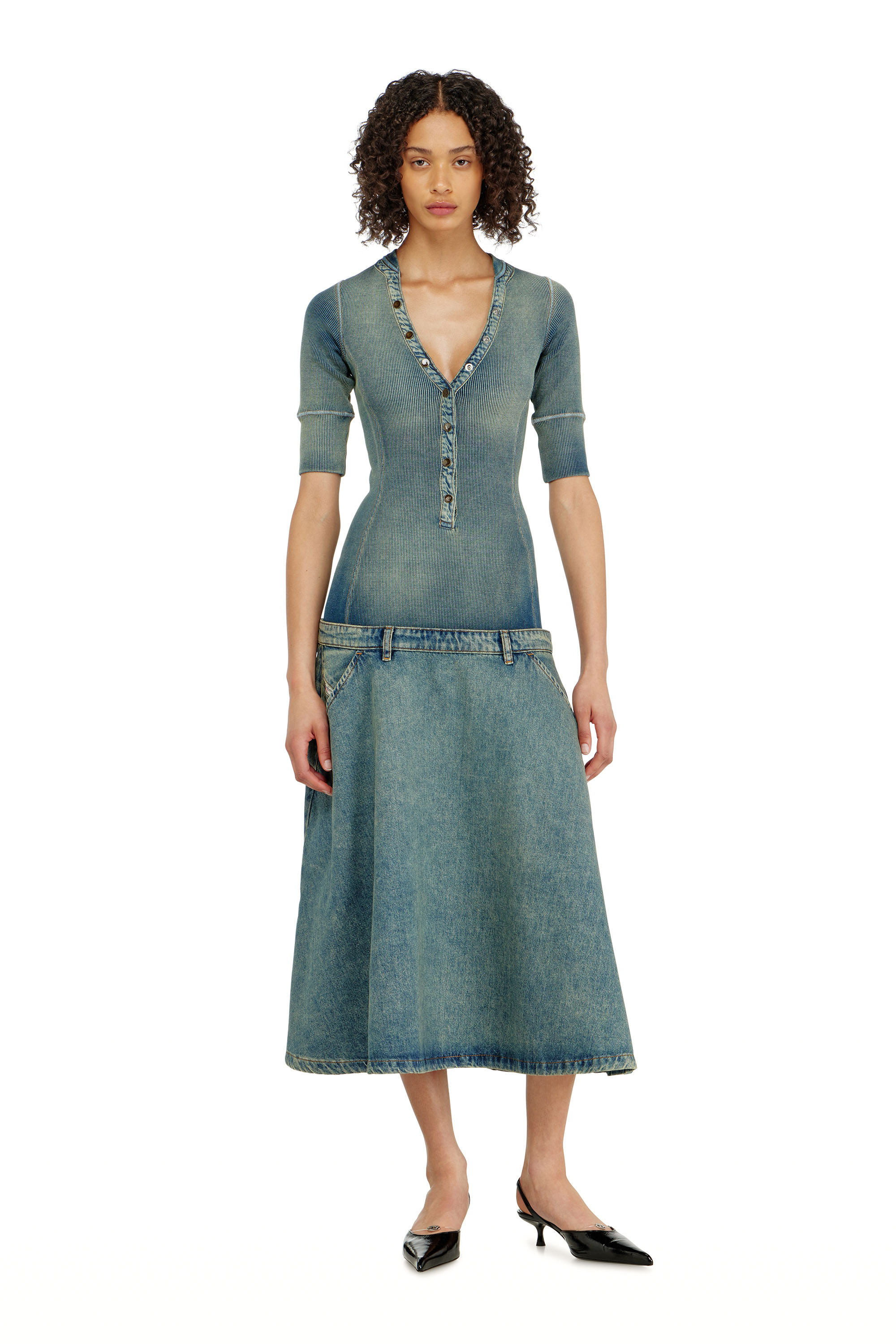 Diesel - DE-ANIM-S, Woman's Drop-waist midi dress in knit and denim in null - 2