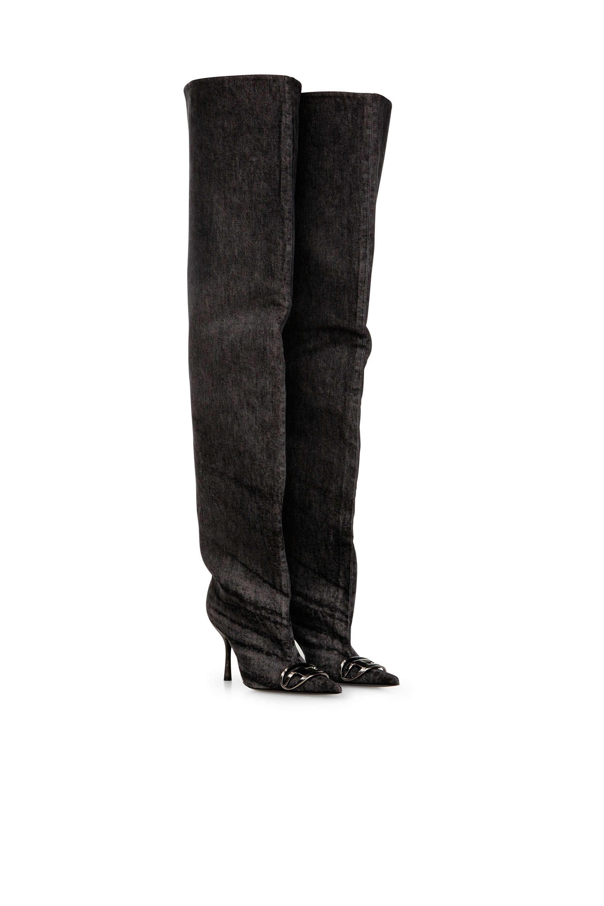 Diesel - D-VENUS 90 OTK BOOT, Cuissardes en denim enduit Femme in Noir - 2