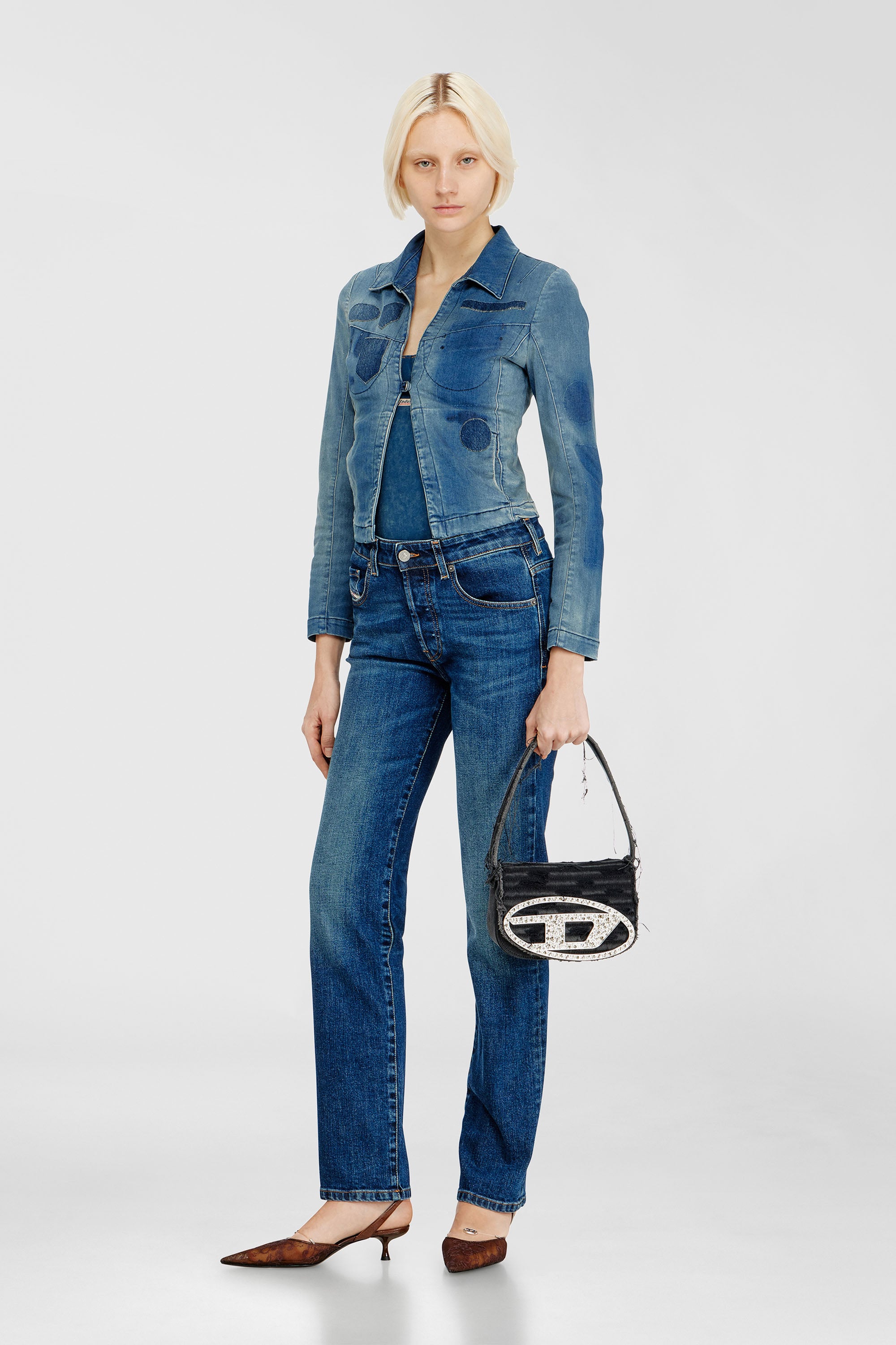 Diesel - 1DR, 1DR-Sac &agrave; bandouli&egrave;re embl&eacute;matique en toile et cuir Femme in Noir - 2