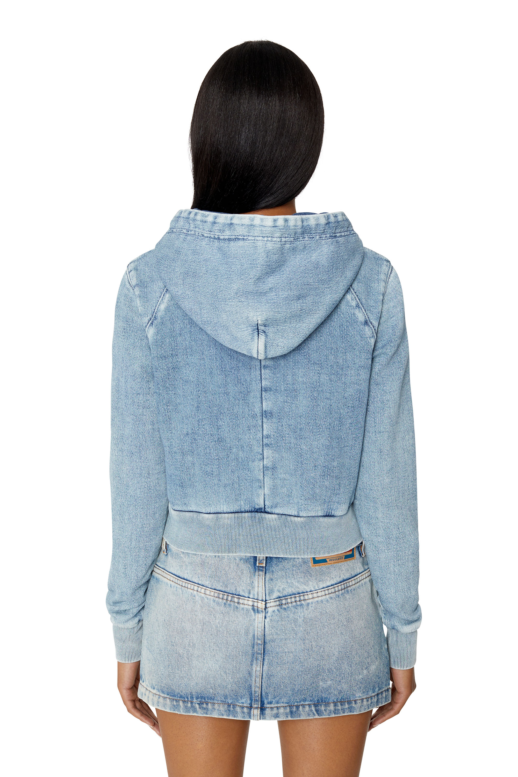 Diesel - D-ANGY TRACK DENIM HOODIE, Sweat-shirt &agrave; capuche cropped en Track Denim Femme in Bleu - 4