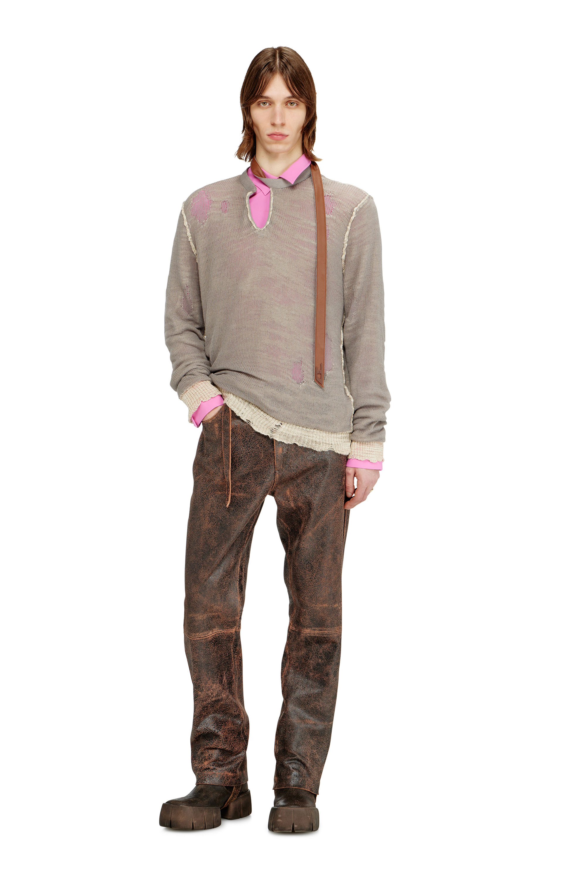 Diesel - K-DAIANERIS, Pull us&eacute; avec sangle de col motard Homme in Marron - 2