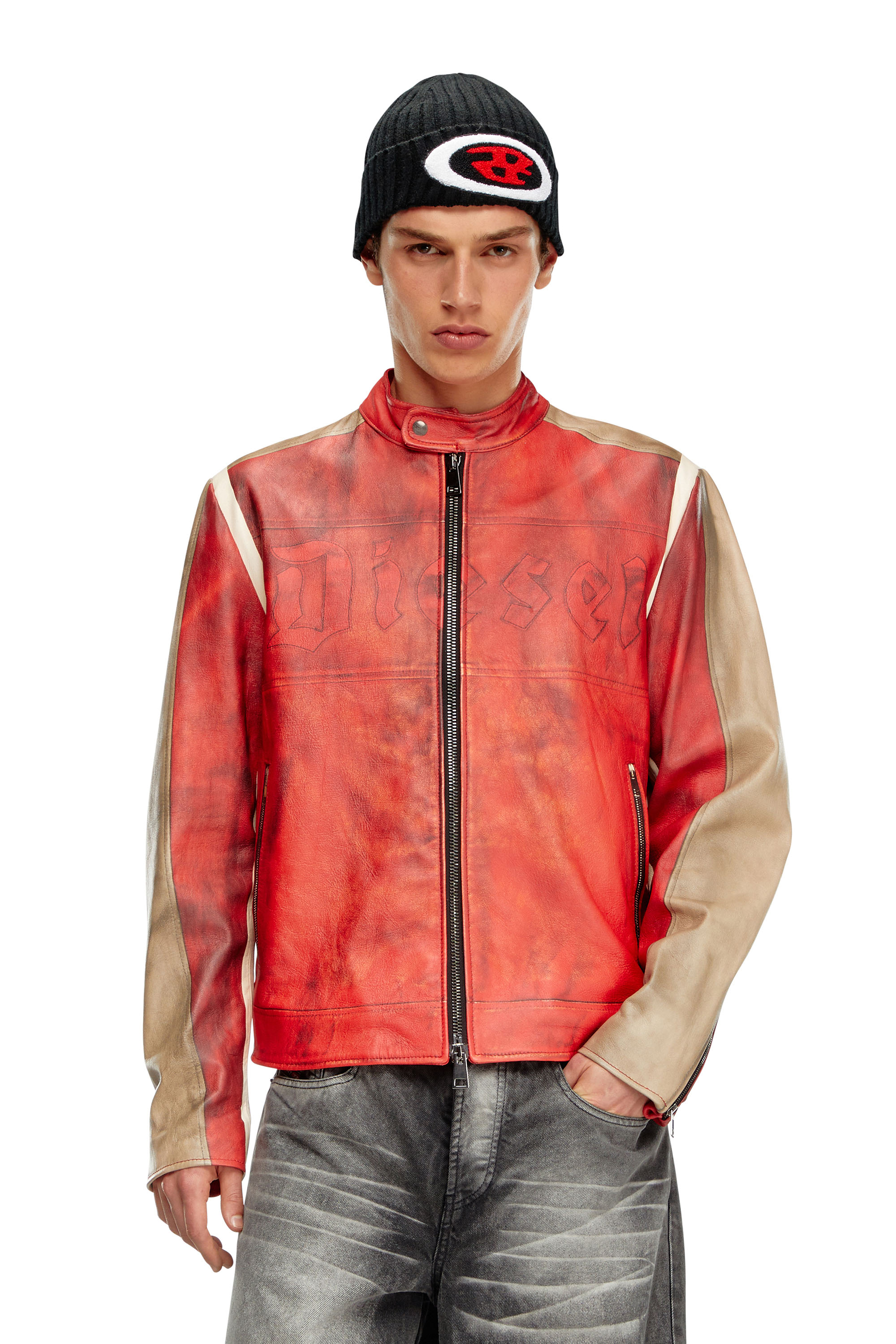 Diesel - L-RUSCHA, Man Dirty-effect leather biker jacket in Red - Image 1