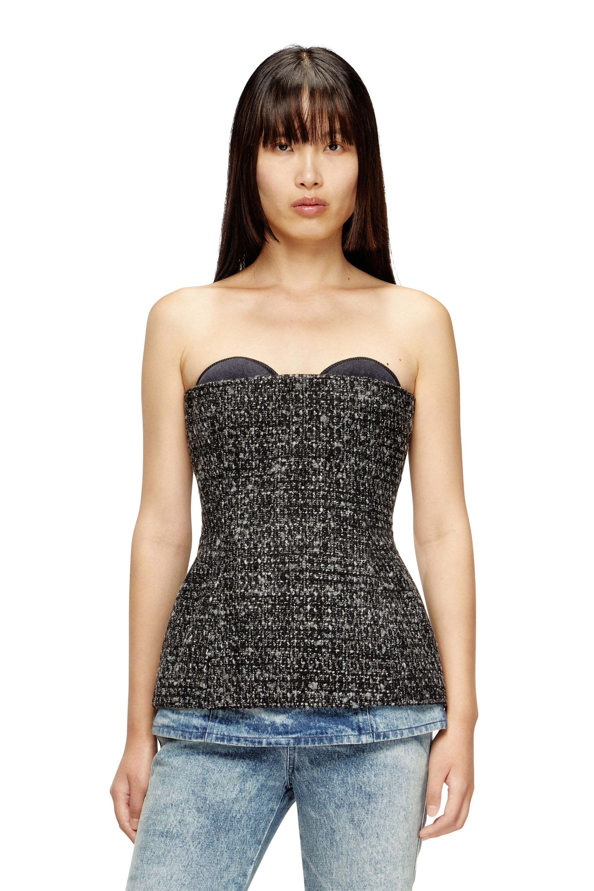 Diesel - T-ORSET, Top corset en bouclé avec découpe ultra-basse Femme in Noir - 1
