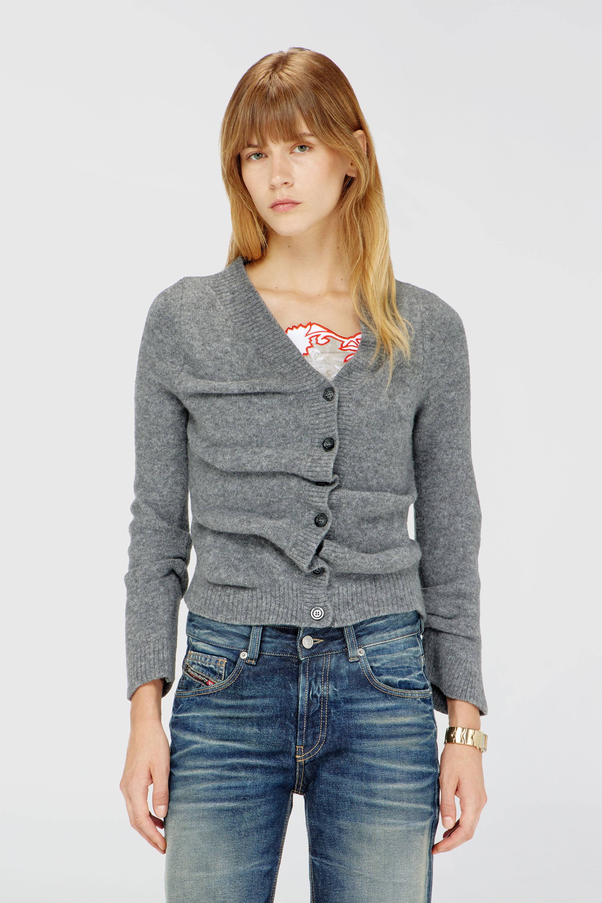 Diesel - M-AVA, Cardigan court en maille foul&eacute;e &agrave; texture froiss&eacute;e Femme in Gris - 1