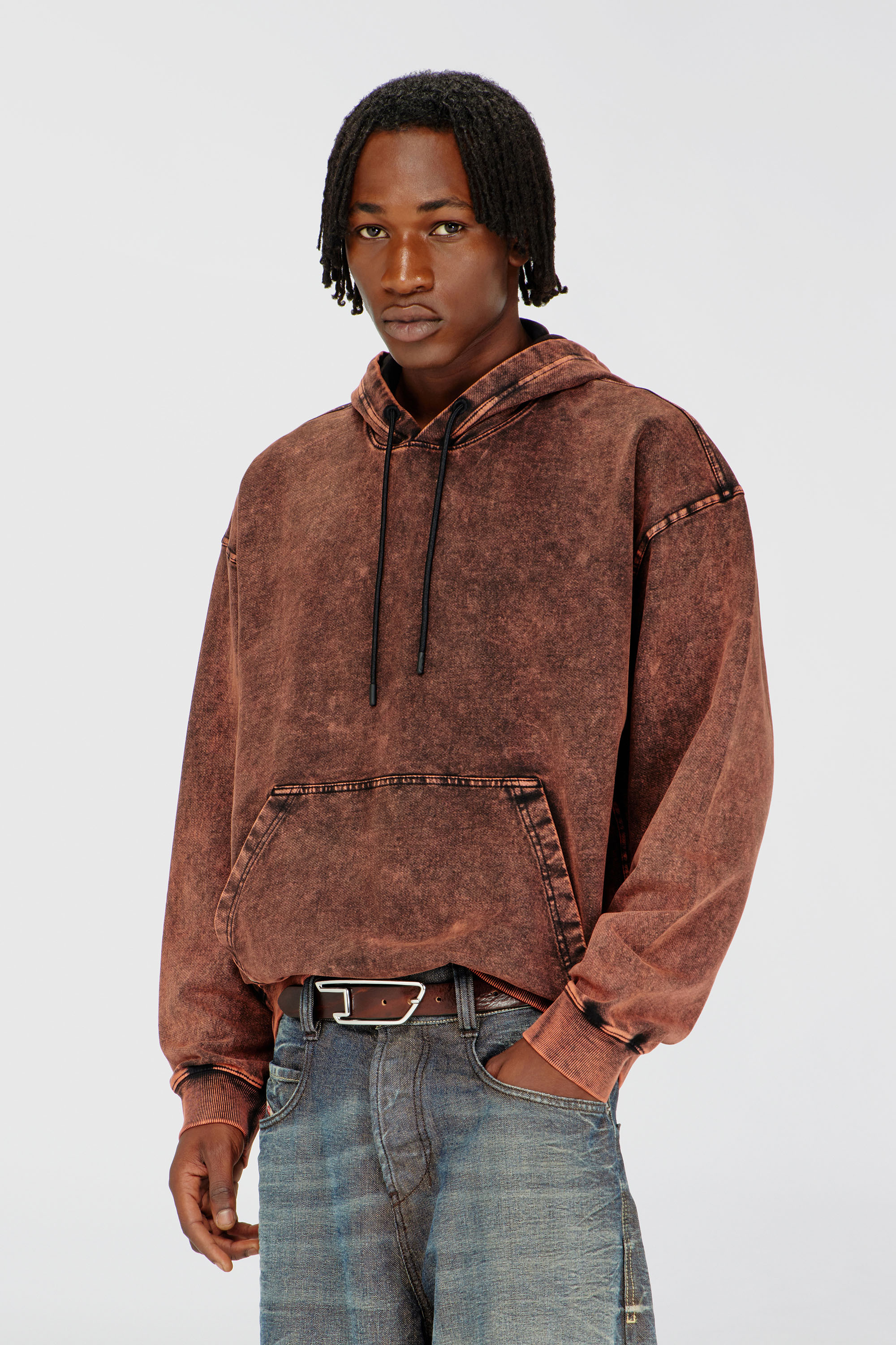 Diesel - S-BOXT-HOOD-TUK, Sweat &agrave; capuche effet denim trait&eacute; Homme in Marron - 1