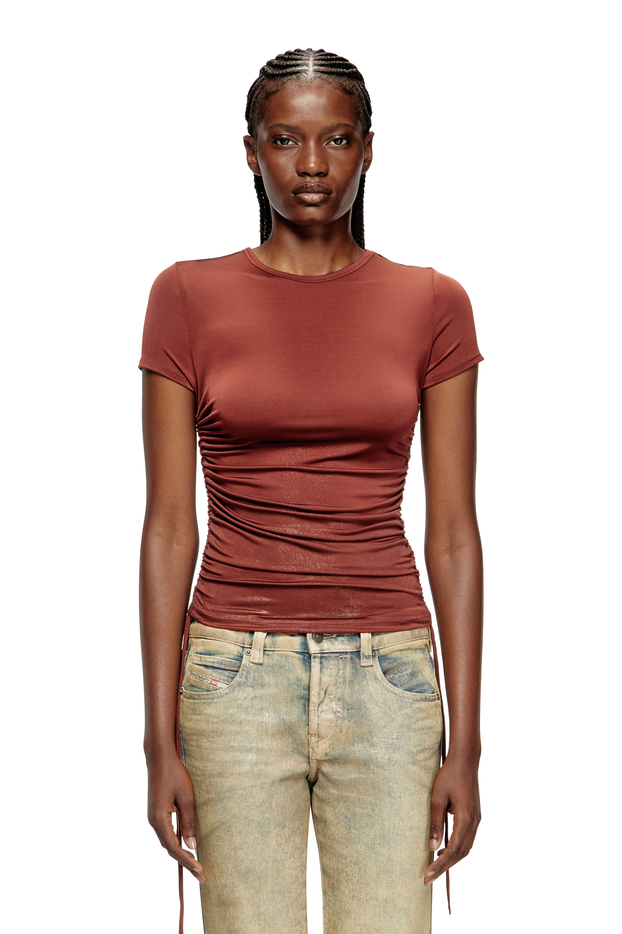 Diesel - T-REY, Haut en jersey avec cordon de serrage sur les côtés. Femme in Marron - 1