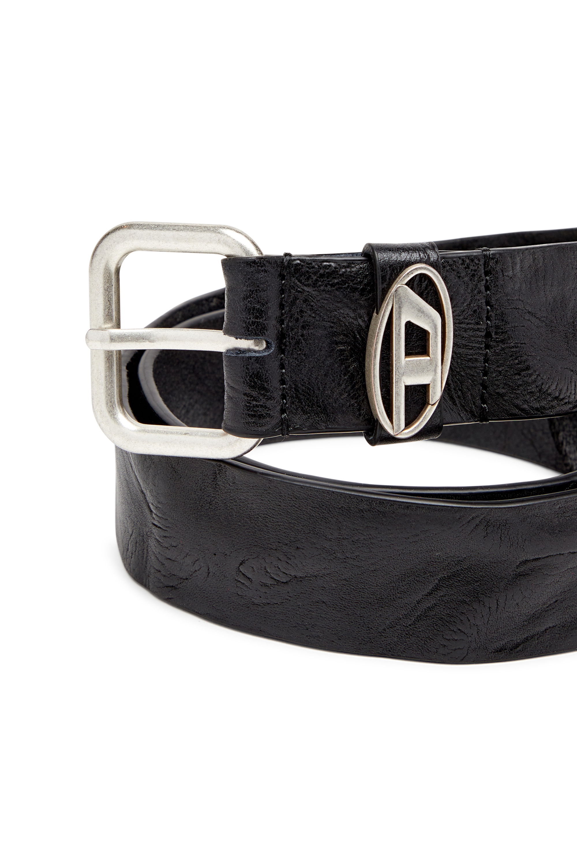 Diesel - B-1DR OVAL D LOOP, Ceinture en cuir froissé avec plaque à logo Mixte in Noir - 3