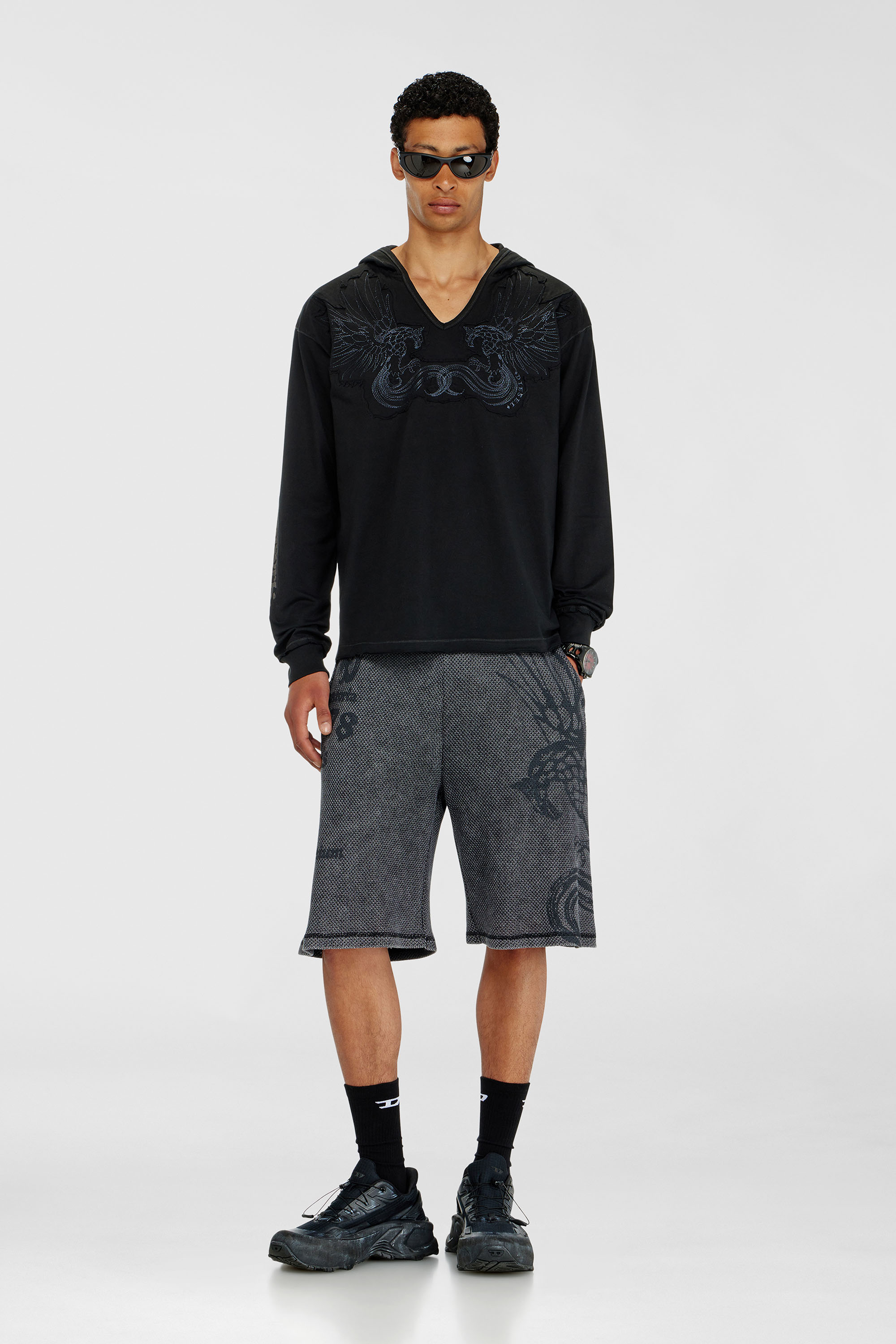 Diesel - T-PHEN-LS-HOOD-RIB, Sweat &agrave; capuche col V avec broderie sur le devant Homme in Noir - 1