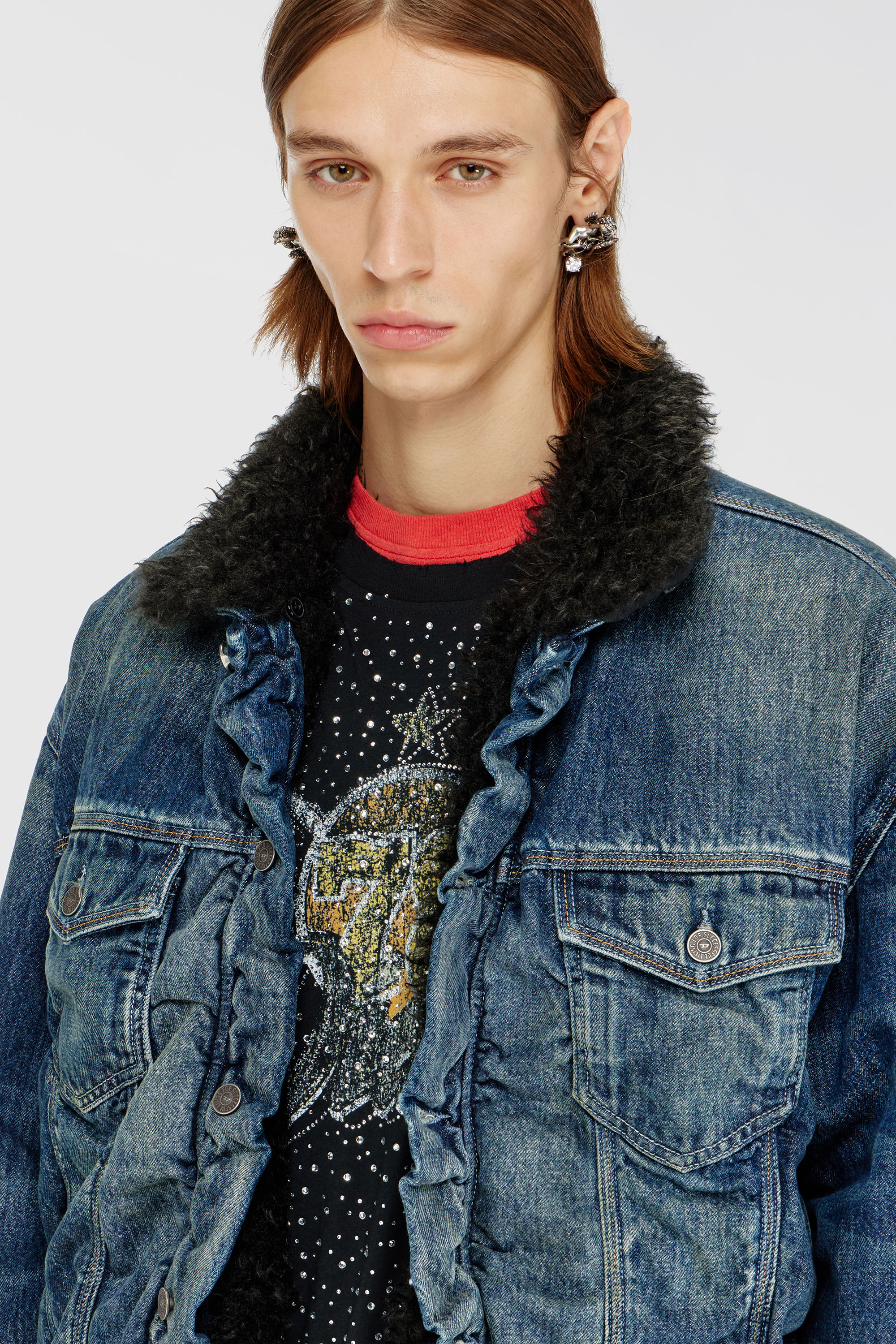 Diesel - D-CURLY-FSJ1, Veste trucker en denim doubl&eacute;e en teddy Mixte in Bleu - 5