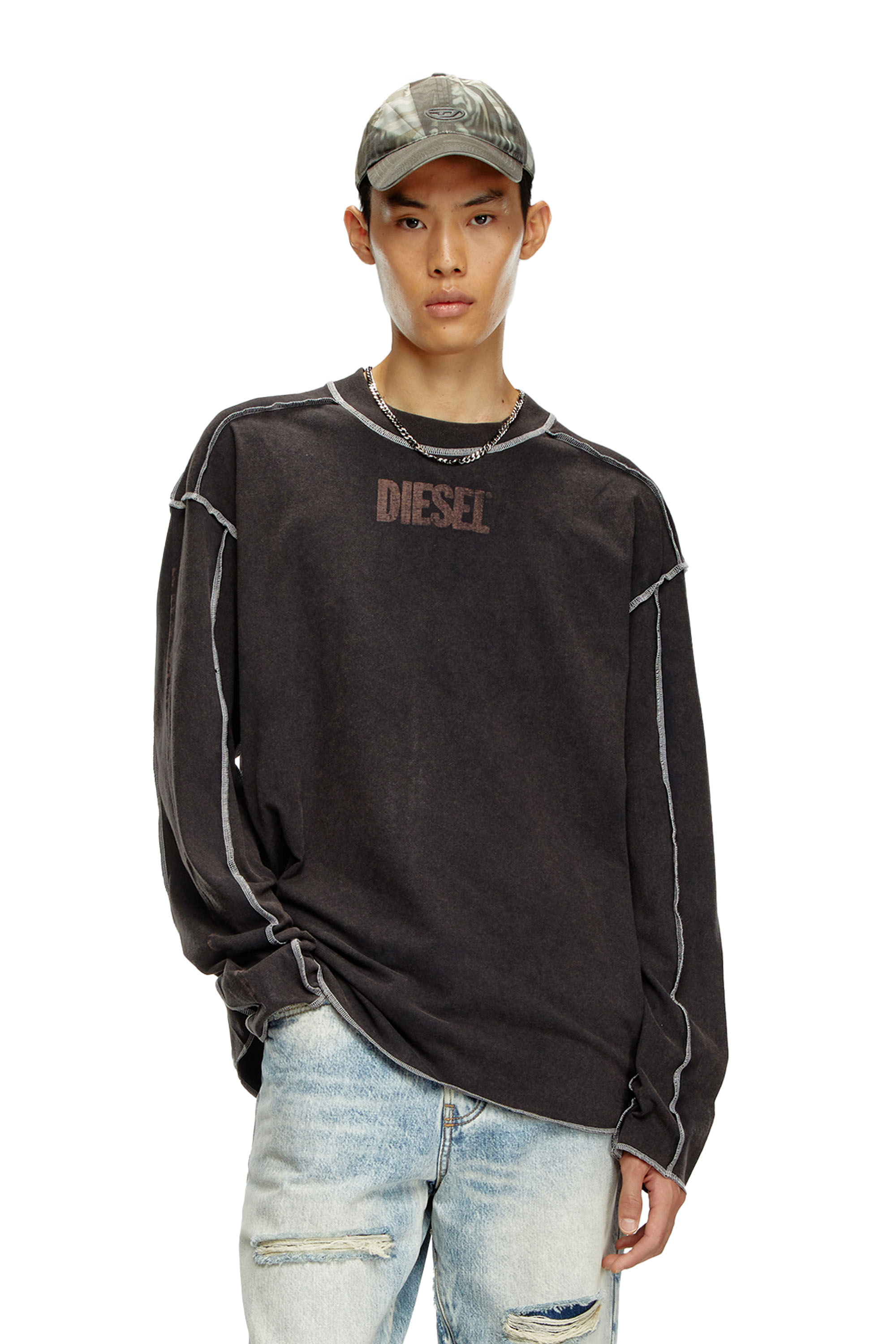 Diesel - T-CRAOR-LS, T-shirt à manches longues avec effet « inside-out » Homme in Gris - 1