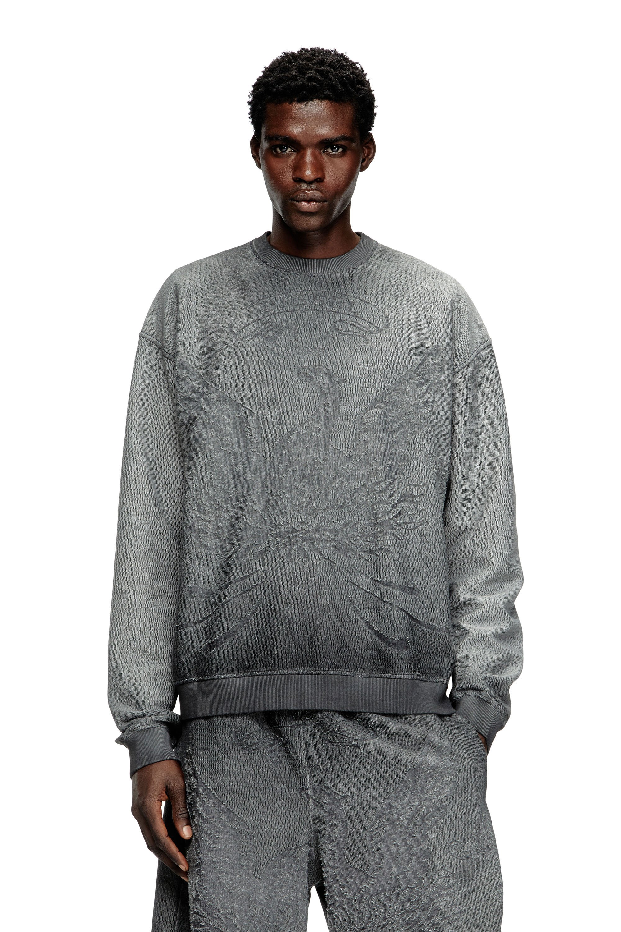 Diesel - S-ARON, Sweat-shirt délavé avec logo du phénix en dévoré Homme in Gris - 1