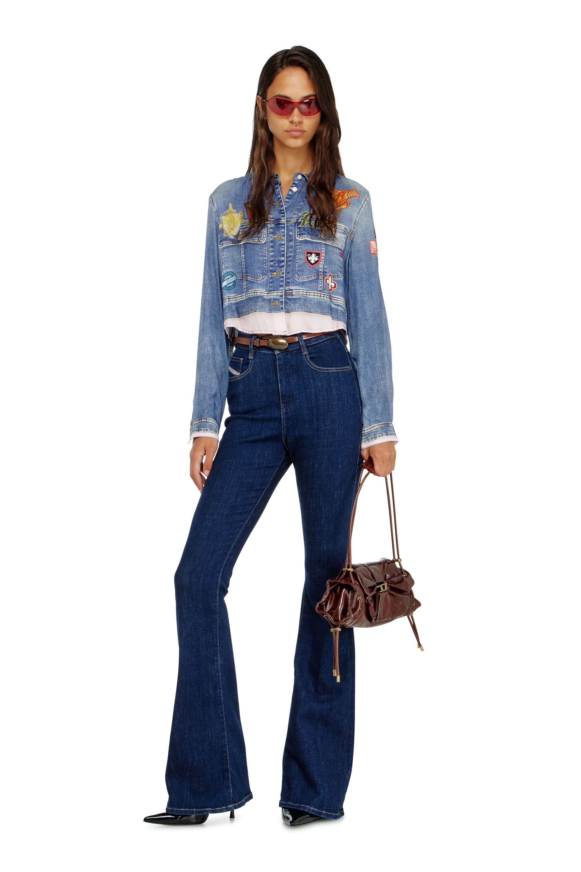 Diesel - C-LONE, Chemise cropped en satin &agrave; imprim&eacute; trompe-l&rsquo;&oelig;il denim Femme in ToBeDefined - 1
