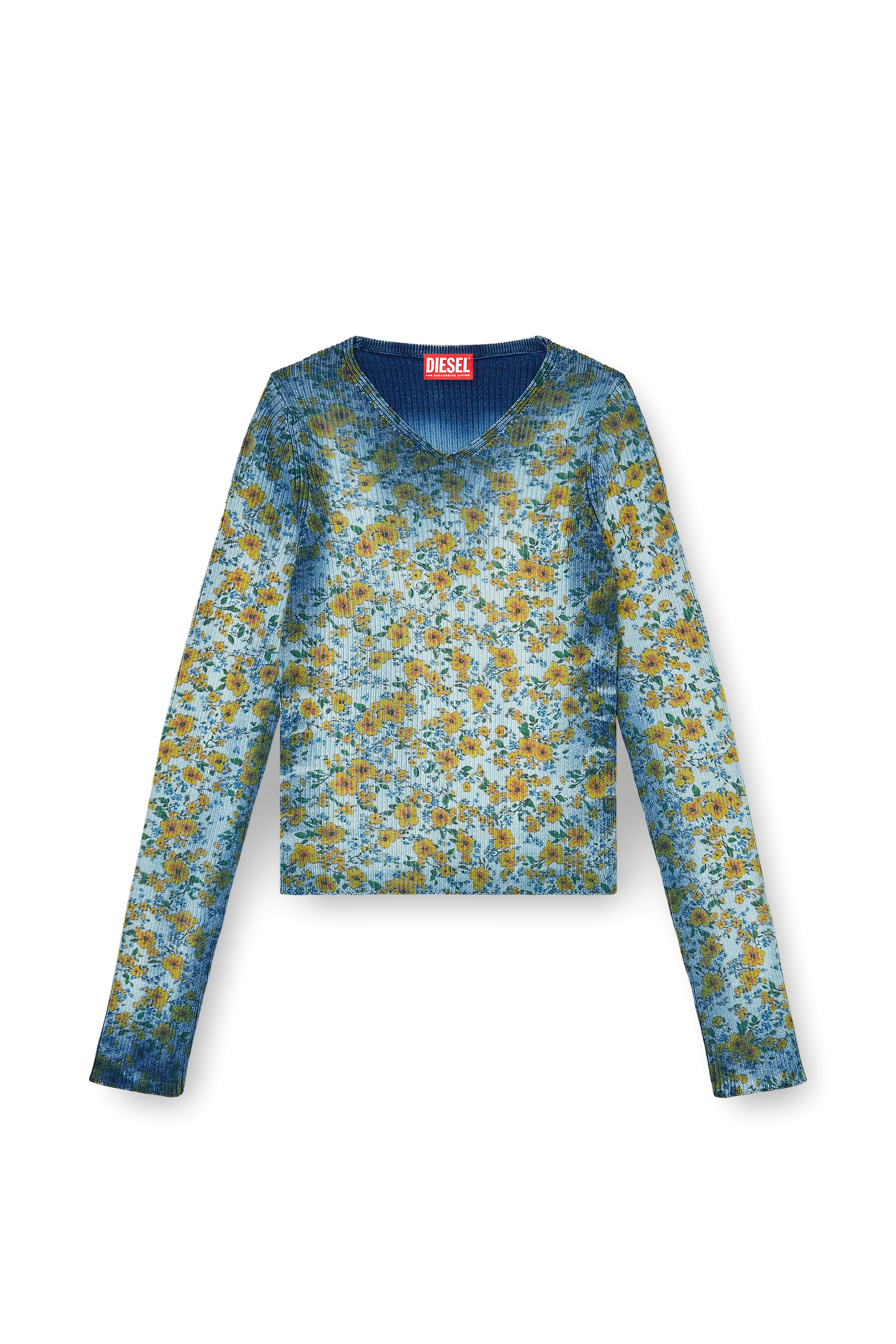 Diesel - M-EGE, Haut en maille c&ocirc;tel&eacute;e avec effet floral radiographique Femme in Bleu - 3
