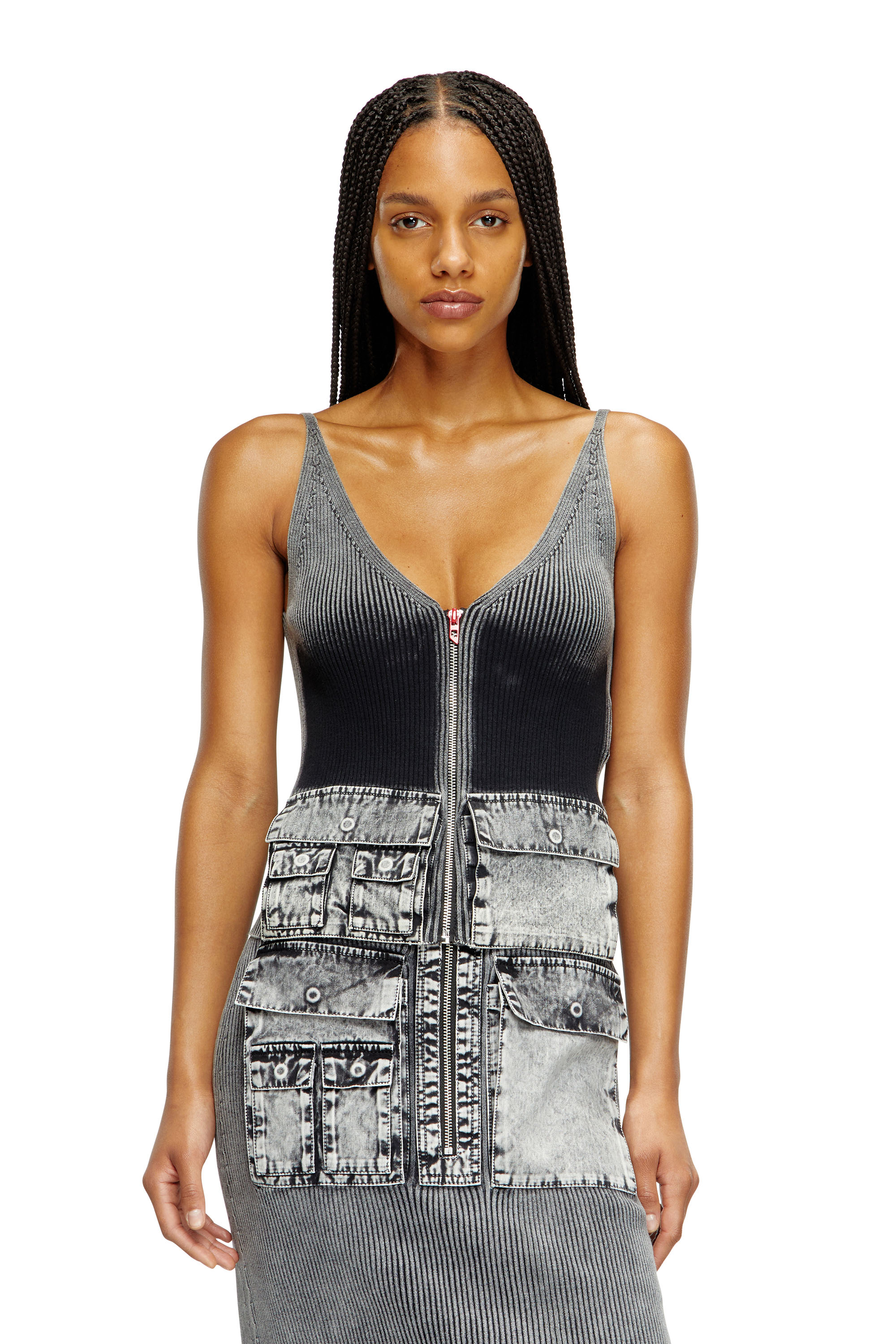 Diesel - M-MELLY, Débardeur en maille avec poches cargo en denim Femme in Gris - 1
