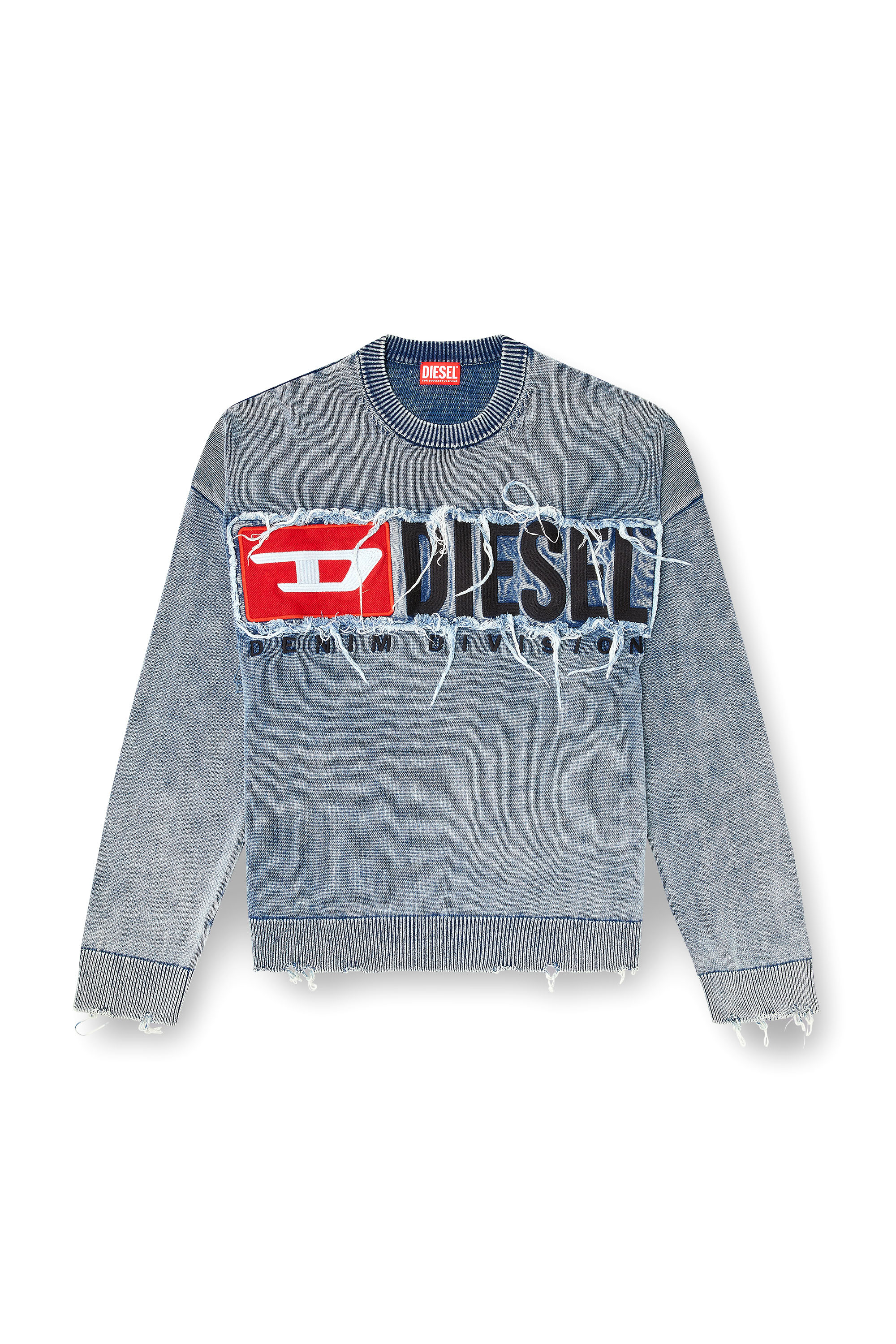 Diesel - K-FRONZI, Pull en coton avec empiècement à logo en denim Homme in Bleu - 2
