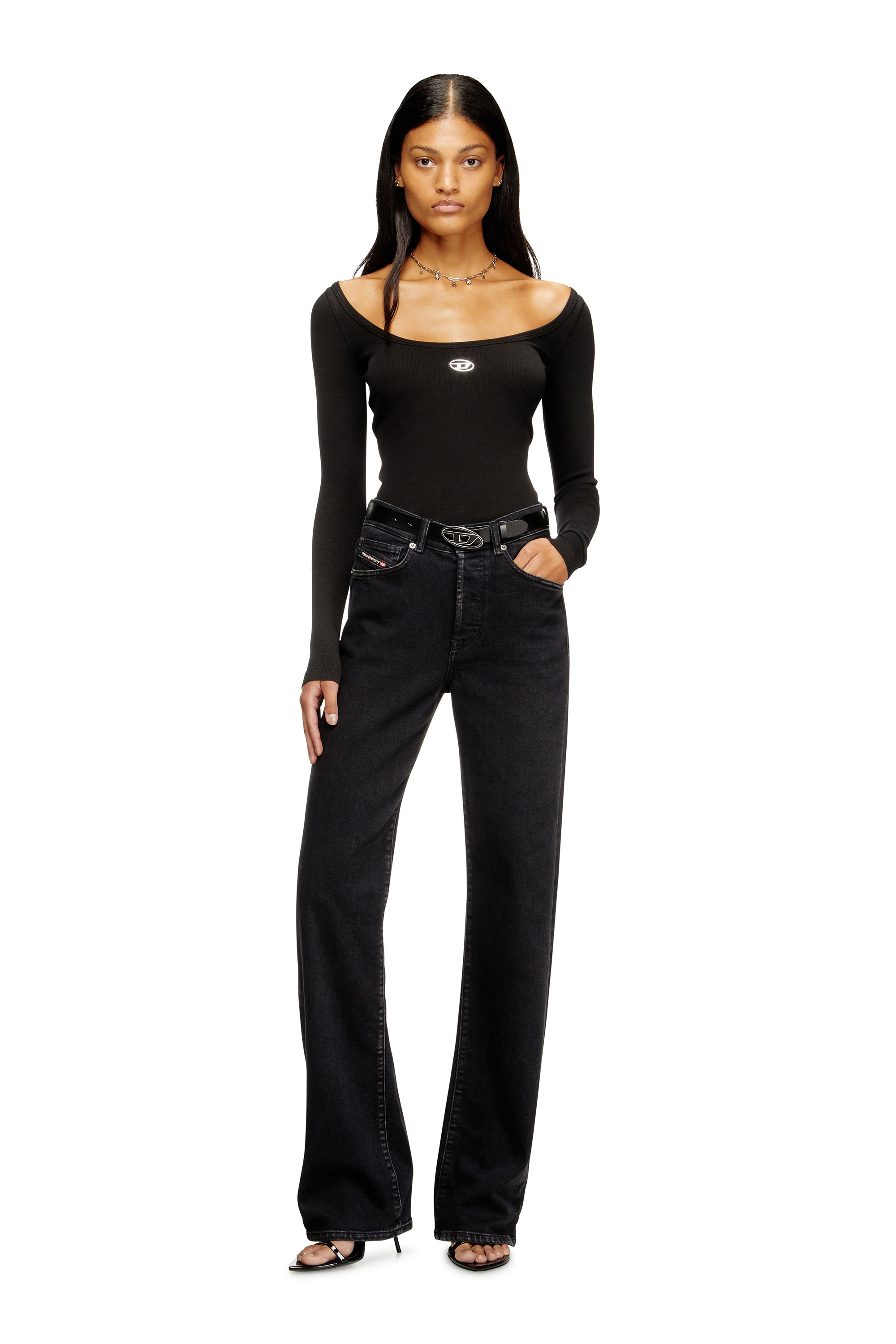 Diesel - T-BAL-OD, Haut à manches longues côtelé avec Oval D métallique Femme in Noir - 2