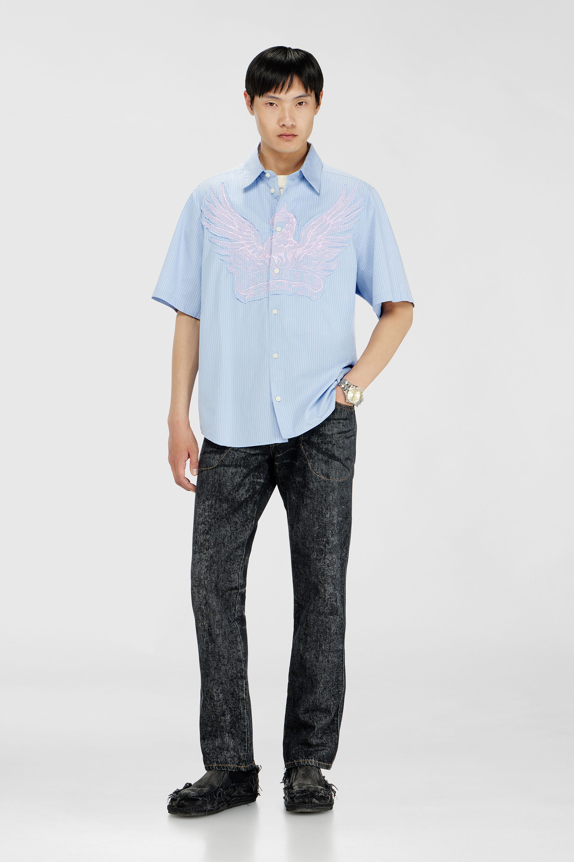 Diesel - S-SIMPLY-SS-AGCZ, Chemise en popeline ray&eacute;e avec patch brod&eacute; Homme in Bleu - 1