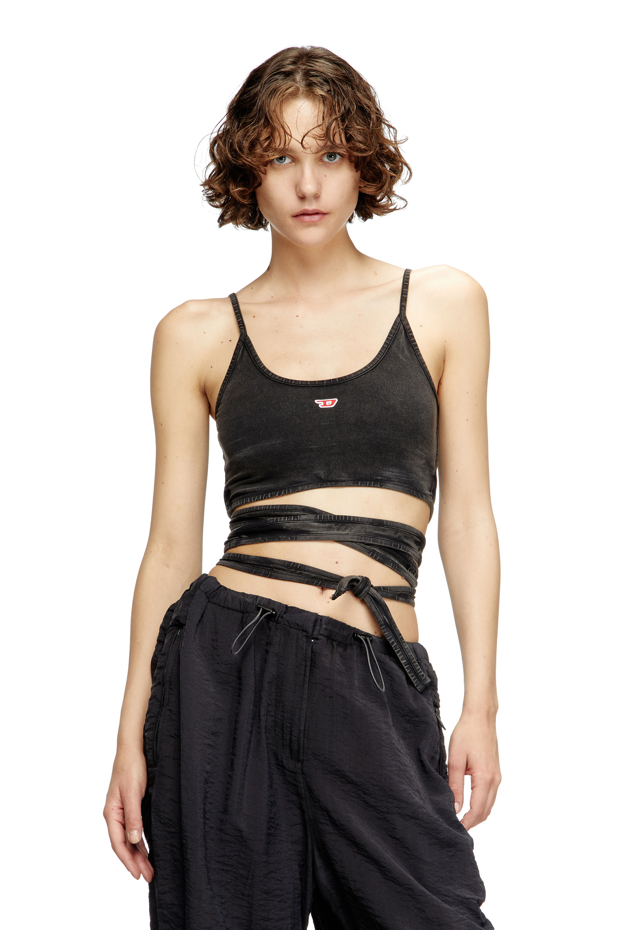 Diesel - T-LEYA-TAIL-R1, Débardeur effet denim avec lanières croisées Femme in Noir - 1