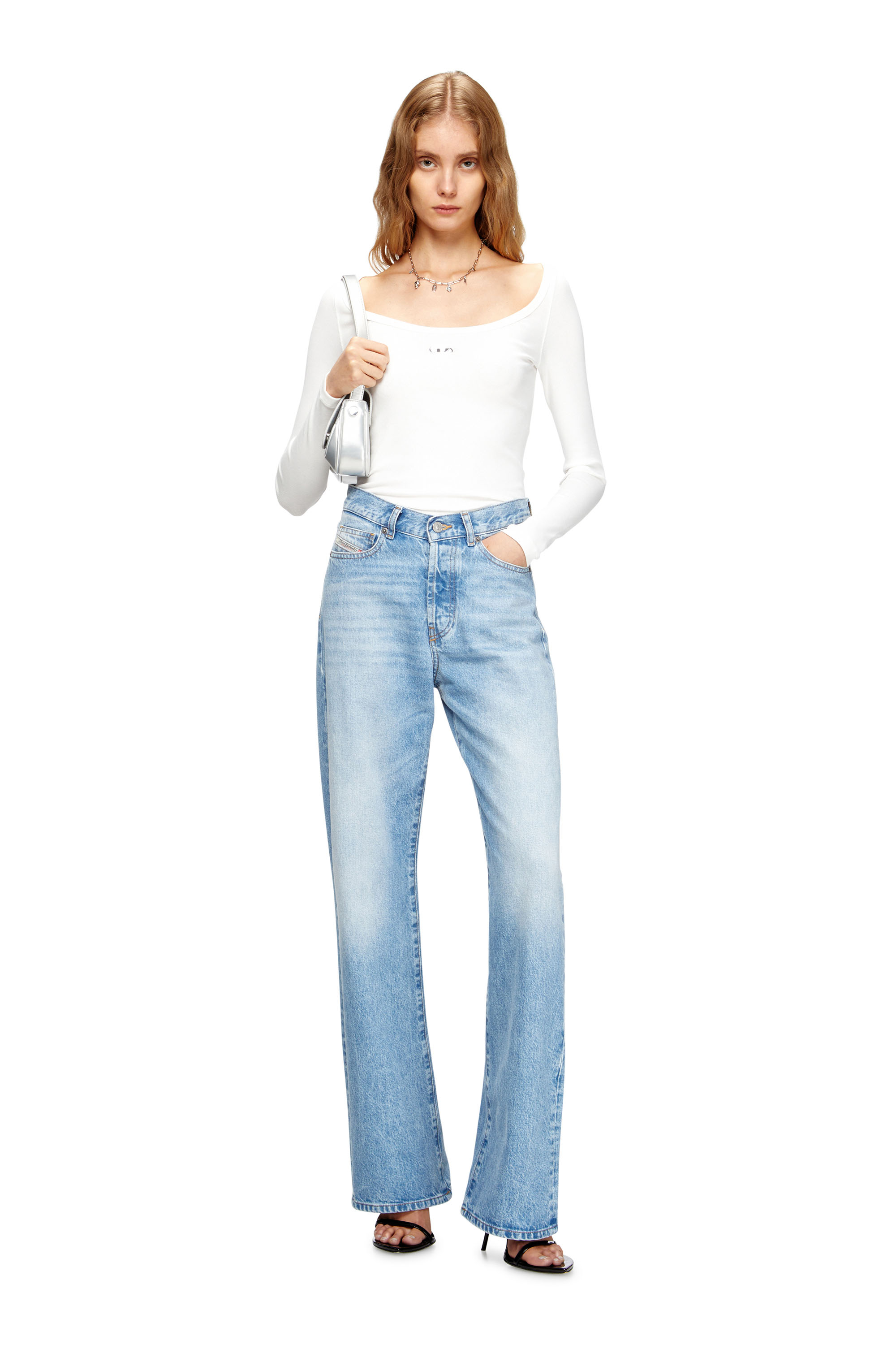 Diesel - T-BAL-OD, Haut à manches longues côtelé avec Oval D métallique Femme in Blanc - 2