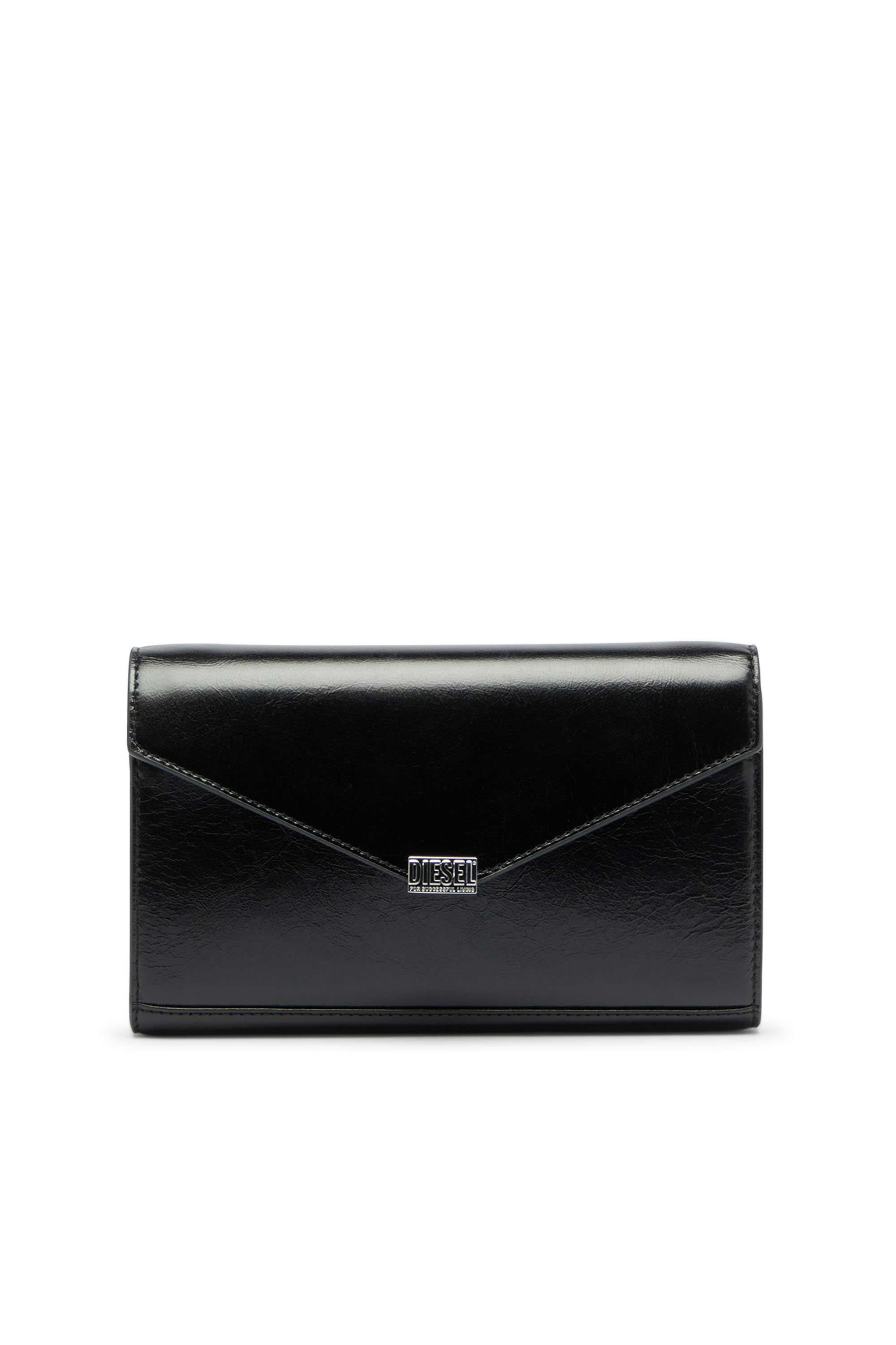 Diesel - D-ENVELOP WALLET ON CHAIN, Portefeuille en cuir brillant effet froiss&eacute; Femme in Noir - 1