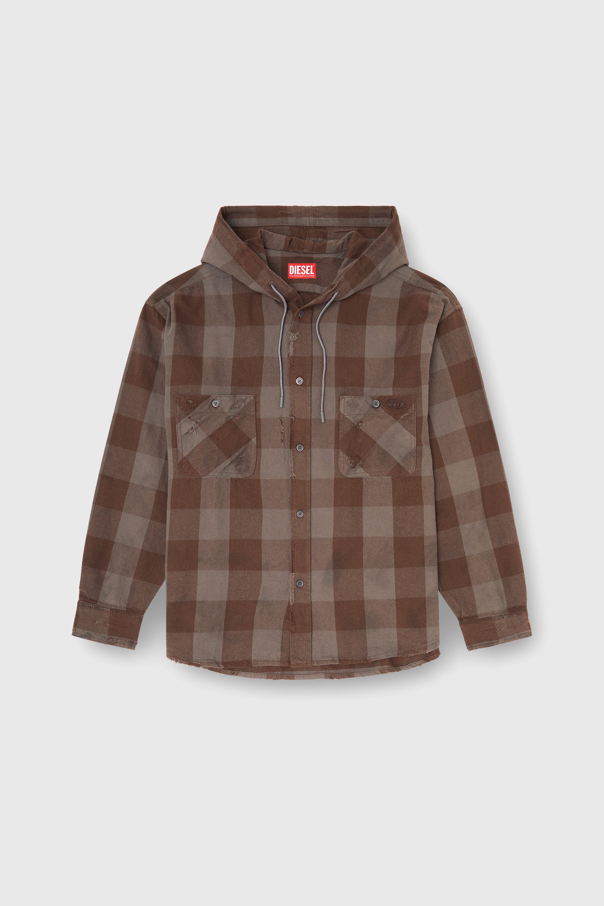 Diesel - S-DRUM-HOODY, Chemise &agrave; capuche effet us&eacute; en flanelle &agrave; carreaux Homme in Marron - 2