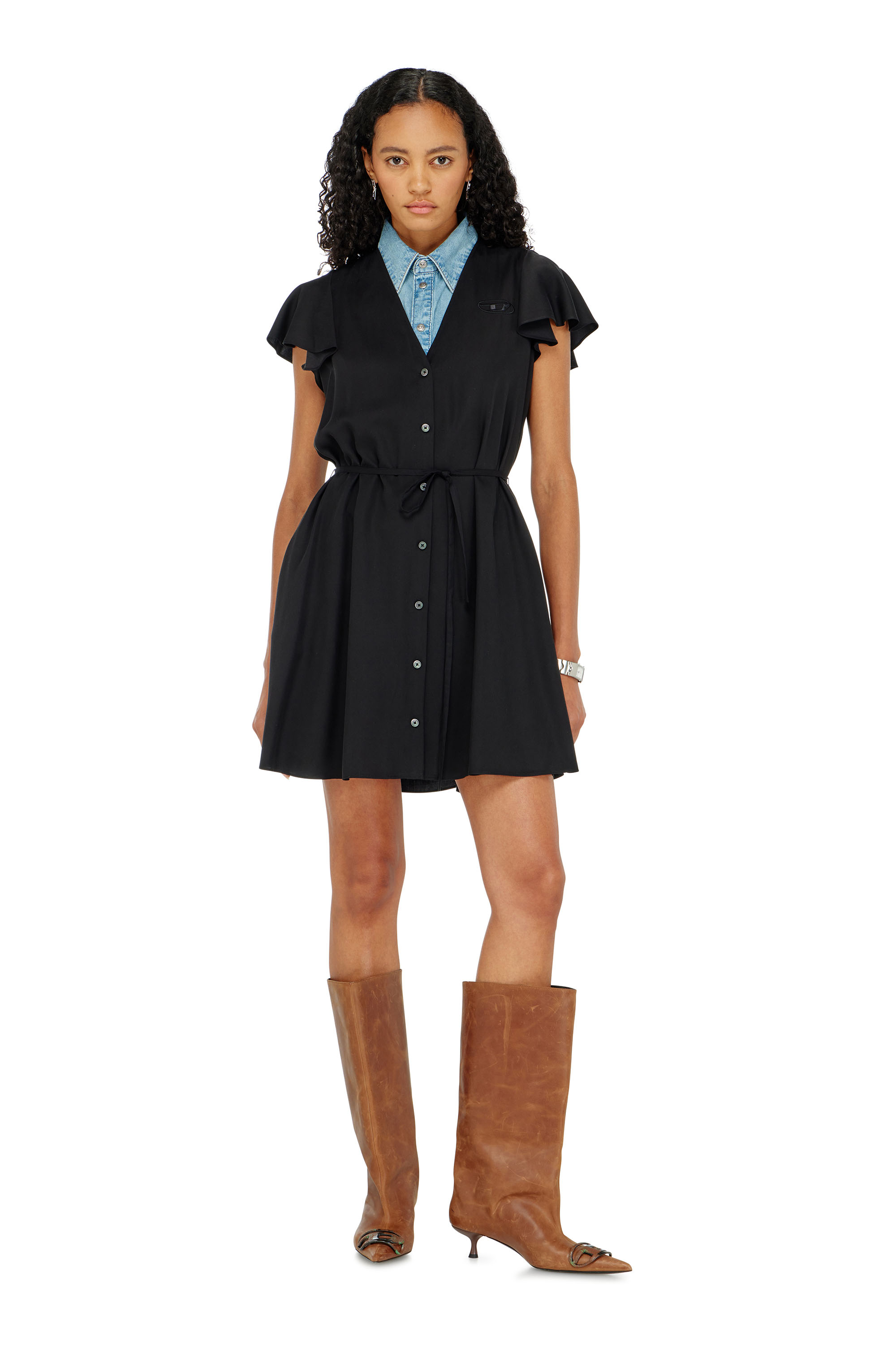 Diesel - D-AIKIRI, Robe en cupro avec col en V et boutons &agrave; l'avant Femme in Noir - 3
