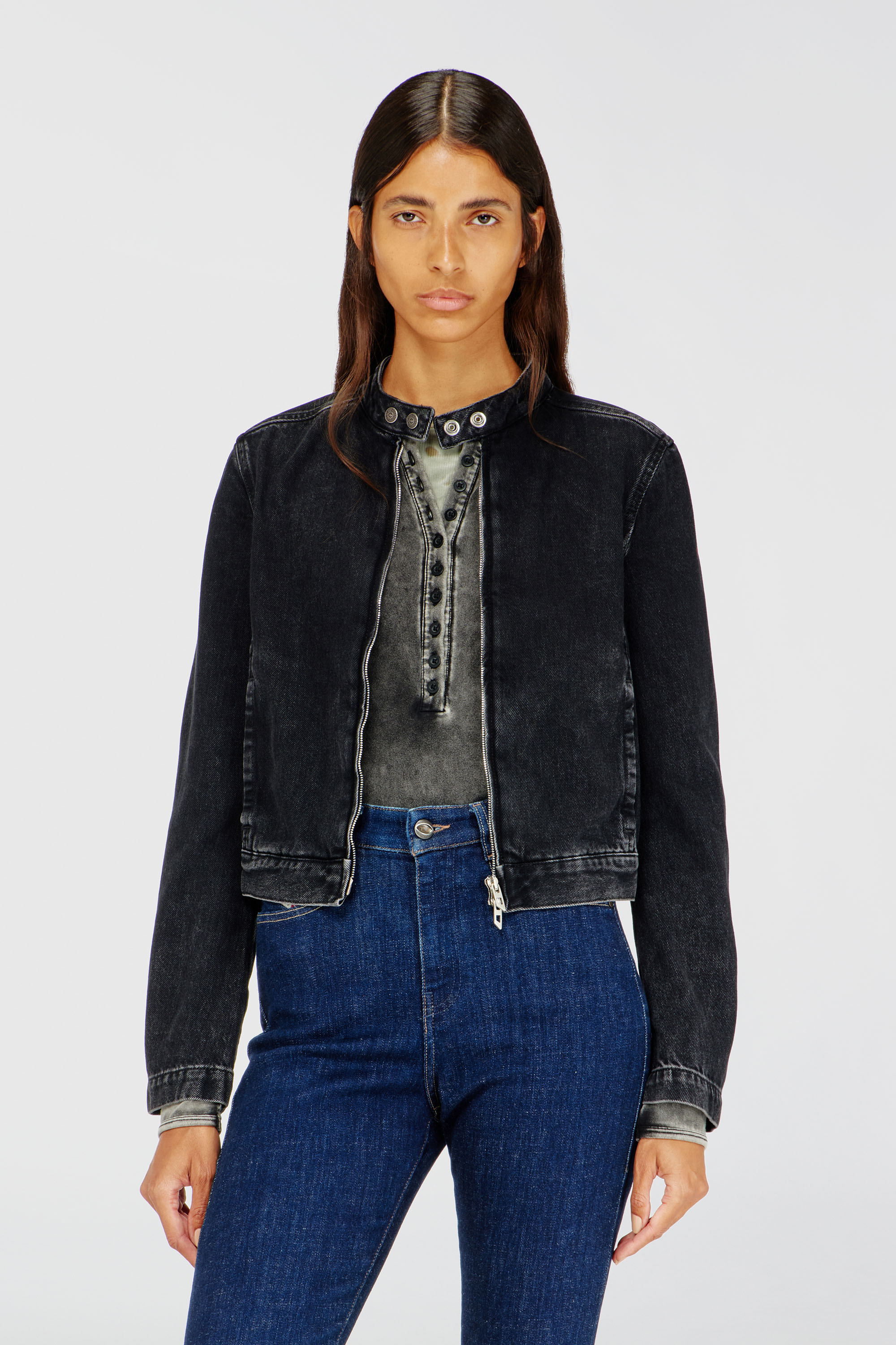 Diesel - DE-MORNIN, Blouson motard en denim en denim &agrave; lavage propre Femme in Noir - 3