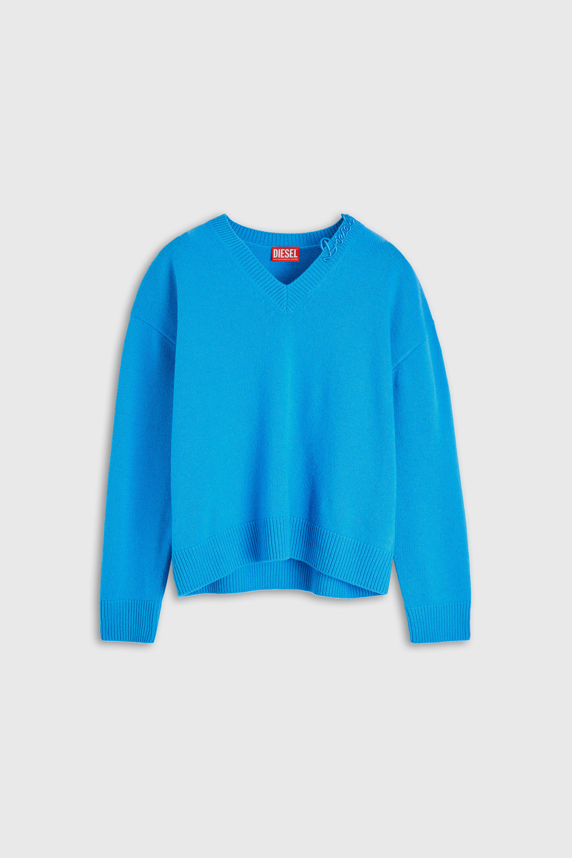 Diesel - M-IMOSA, Pull en laine col V avec logo sur le col Femme in Bleu - 2