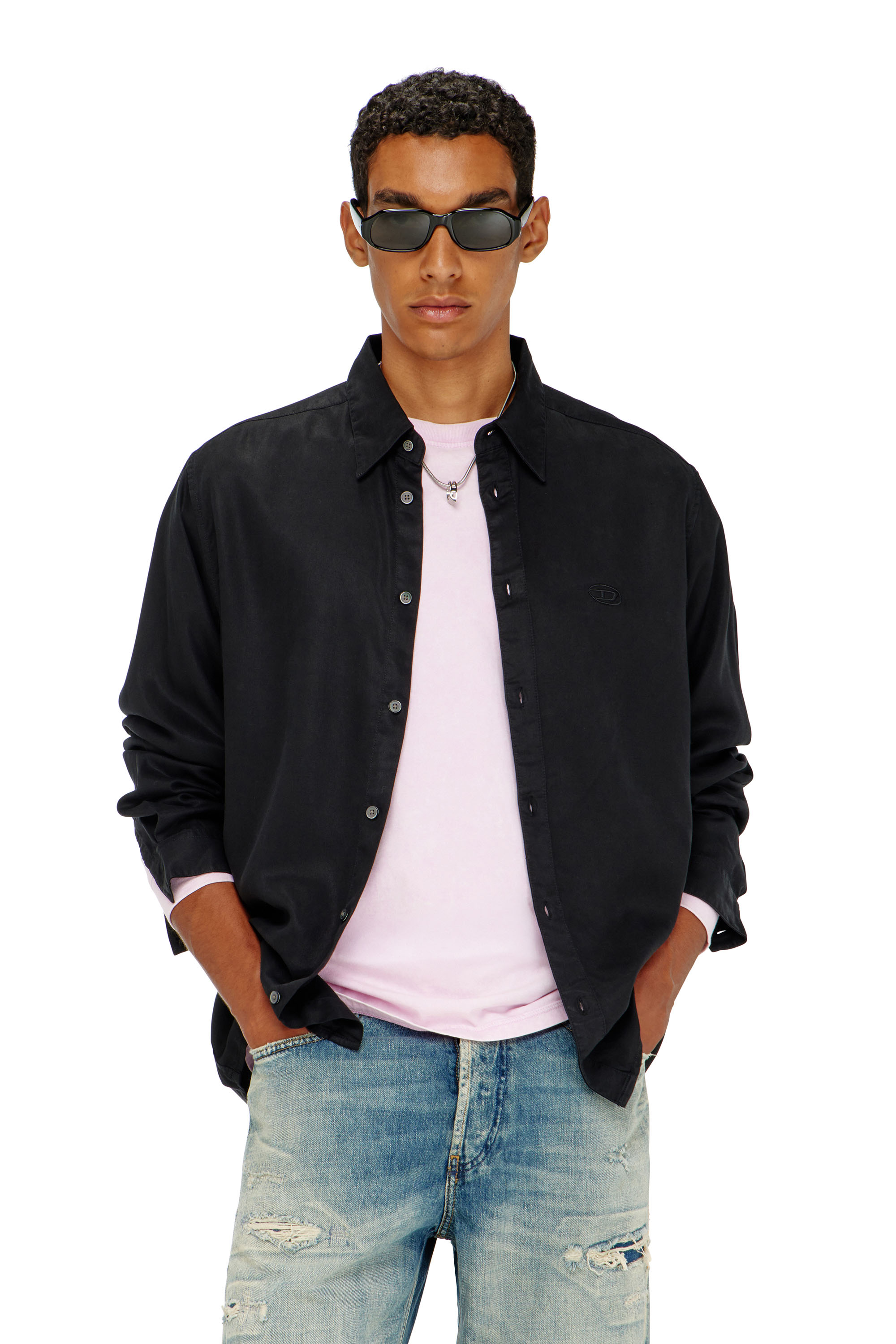 Diesel - S-SIMPLY-C, Chemise fluide avec broderie logo Homme in Noir - 1
