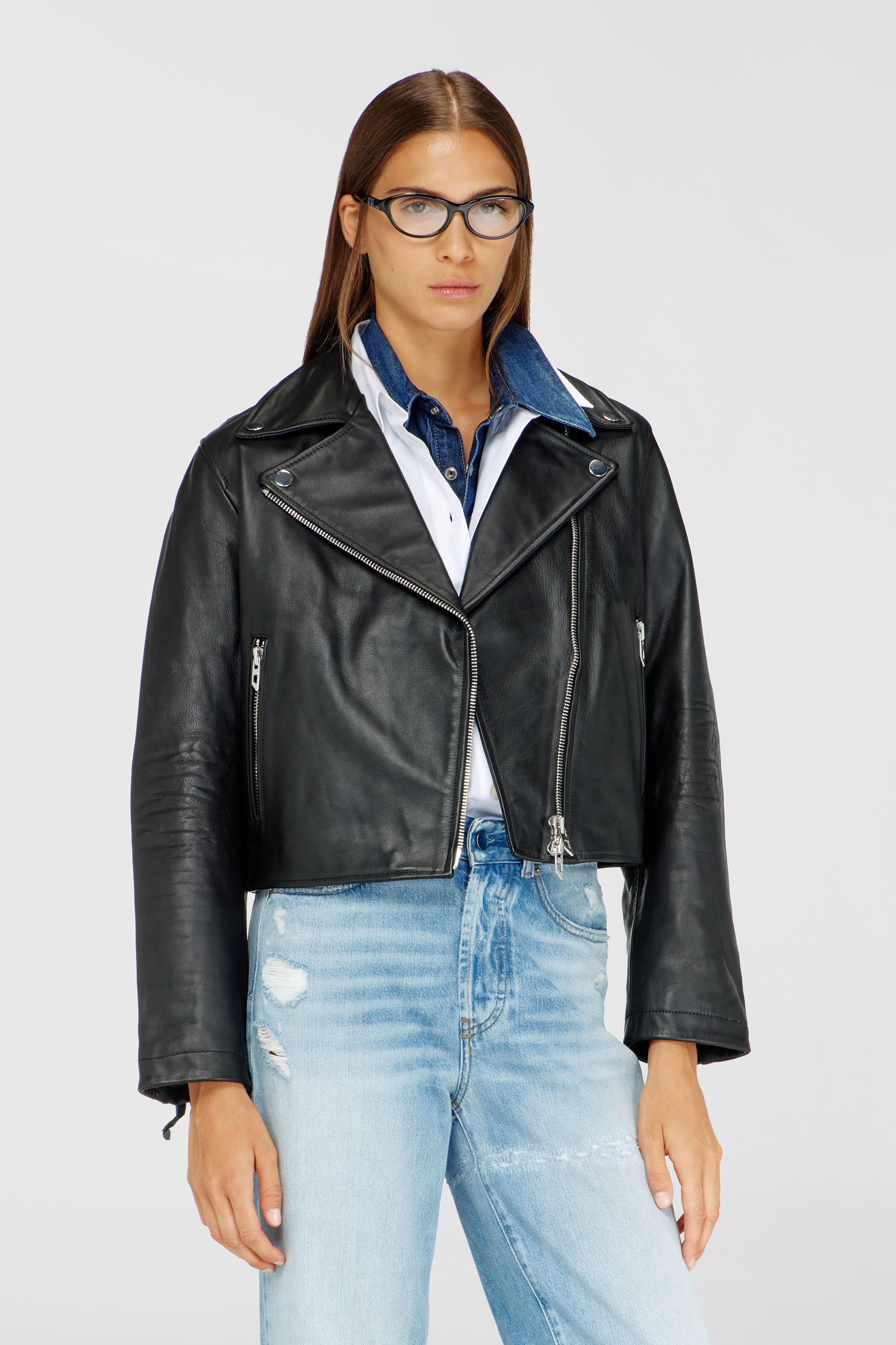 Diesel - L-UNATIC, Veste de motard en cuir cir&eacute; Femme in Noir - 1