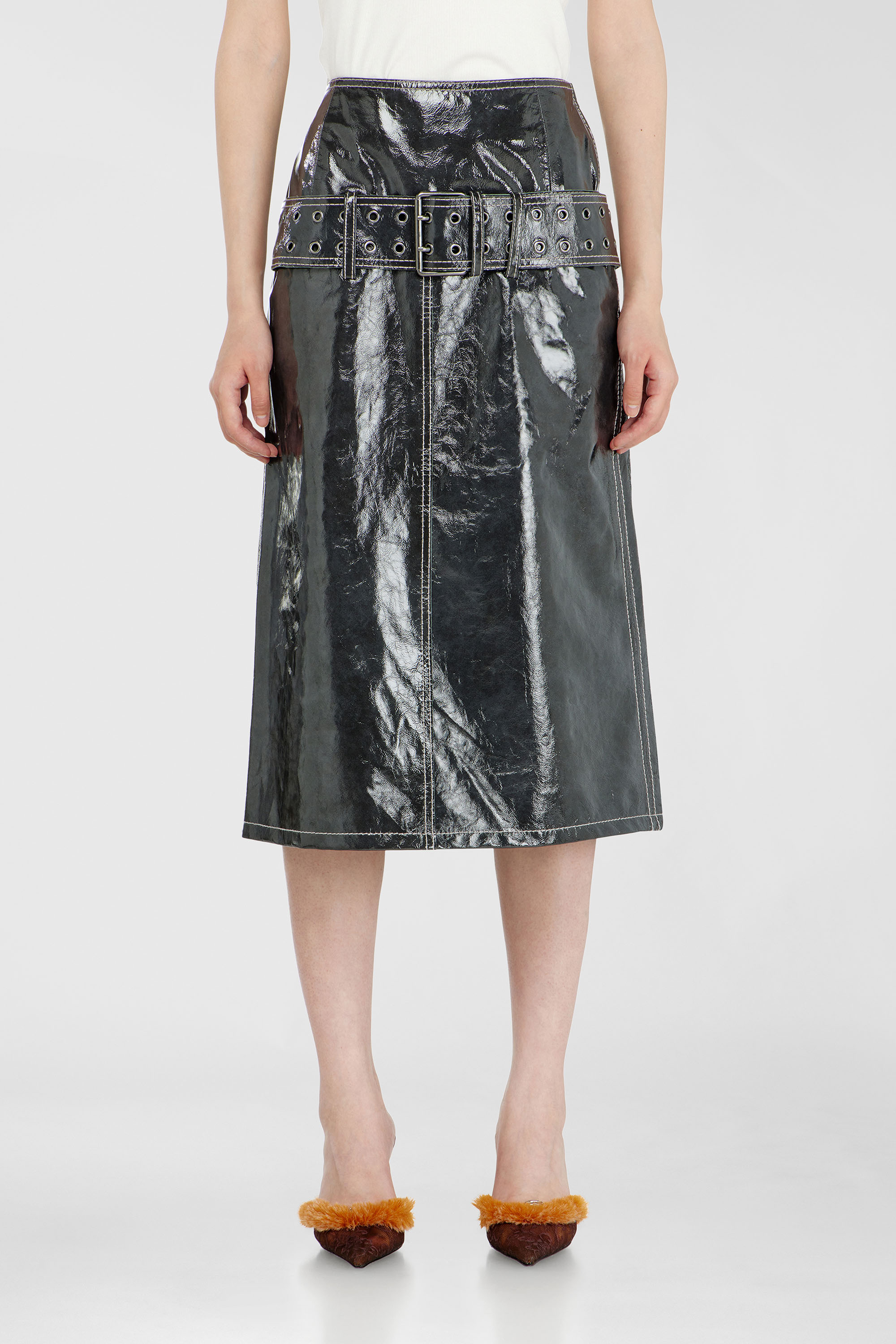 Diesel - L-ASCAR, Jupe midi en cuir verni avec ceinture Femme in Gris - 1
