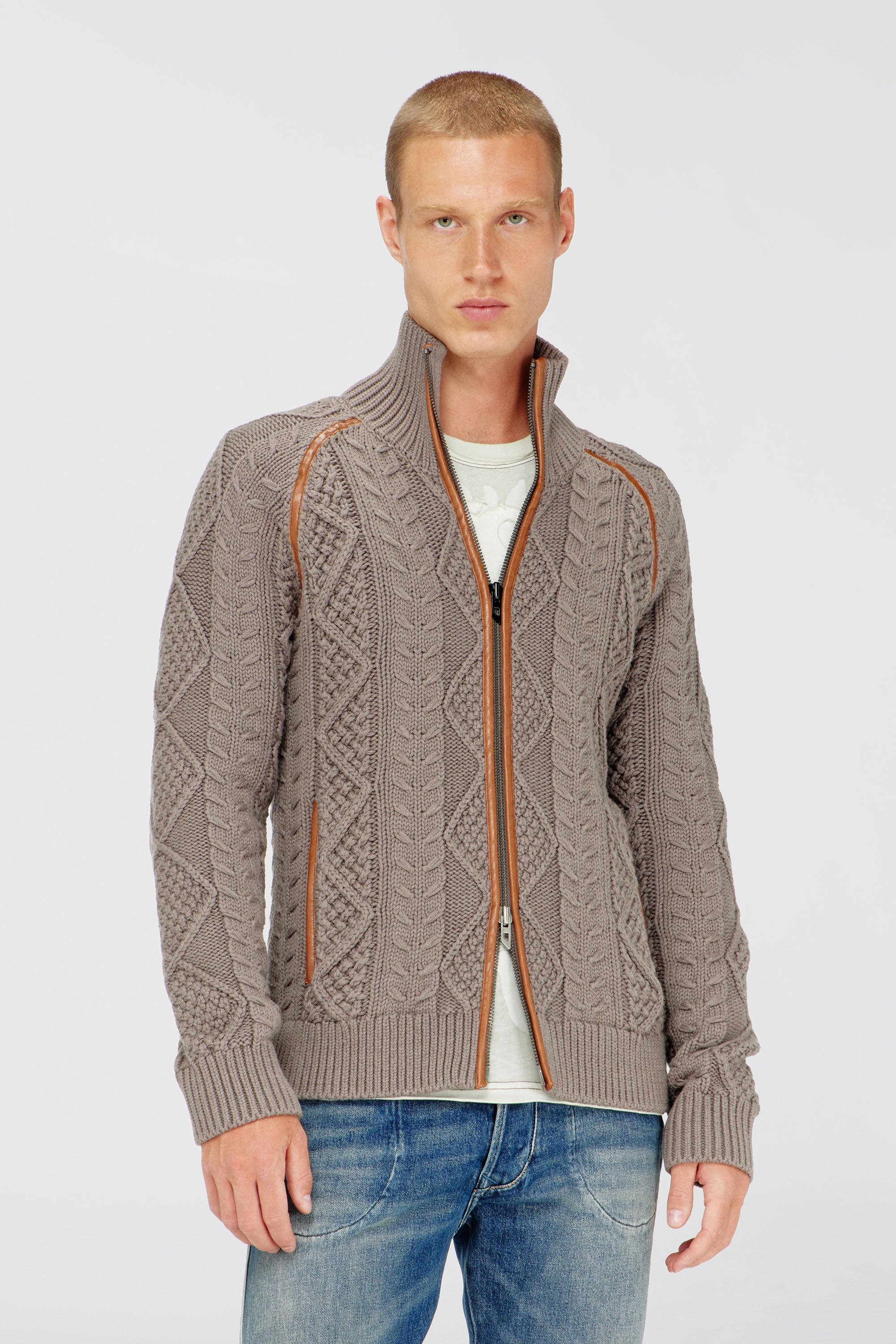 Diesel - K-INOKI, Cardigan zip en maille torsad&eacute;e Homme in Gris - 1