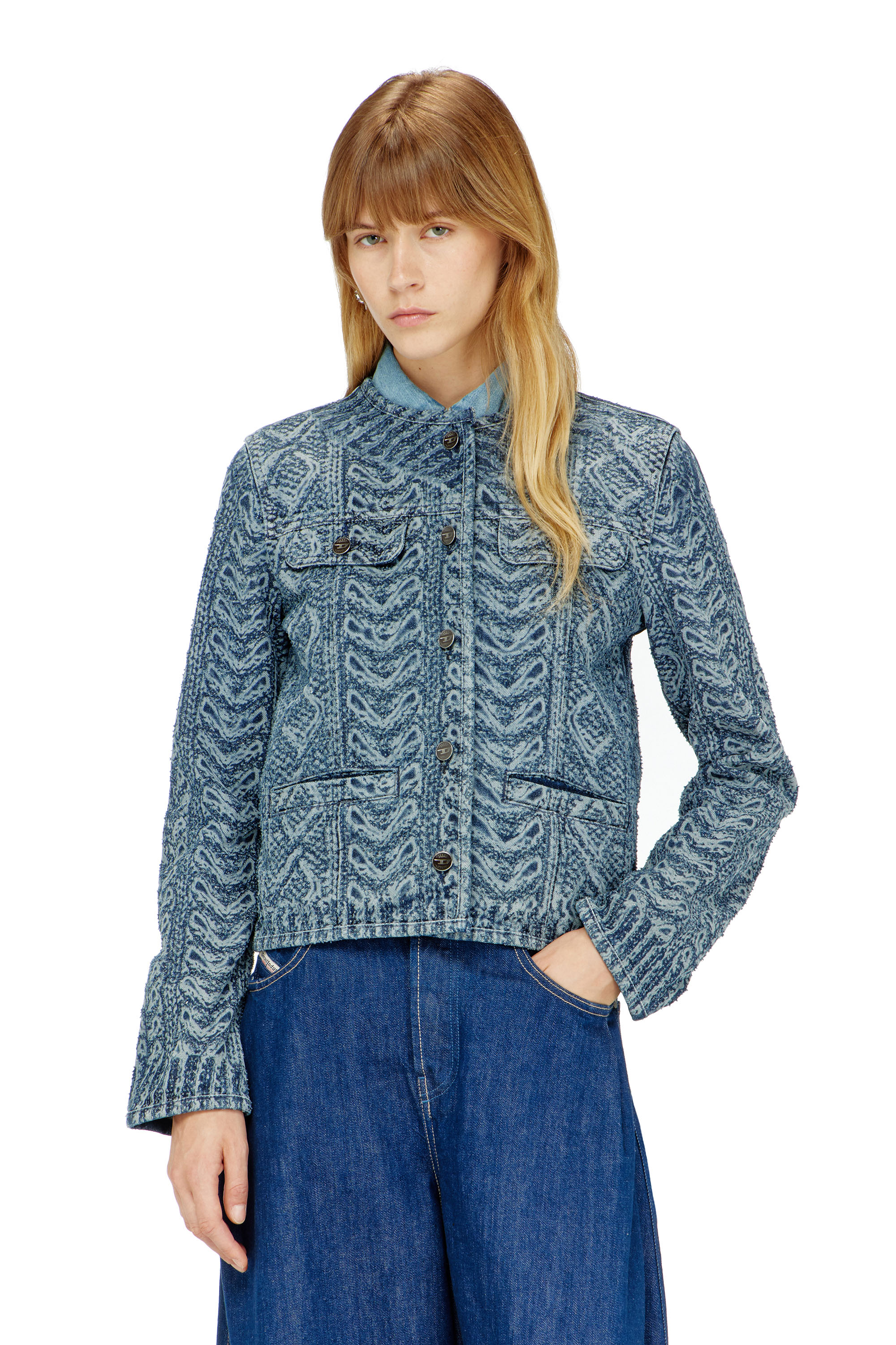 Diesel - DE-GRAFY-S2, Veste sans col en denim effet maille torsad&eacute;e Femme in Bleu - 3