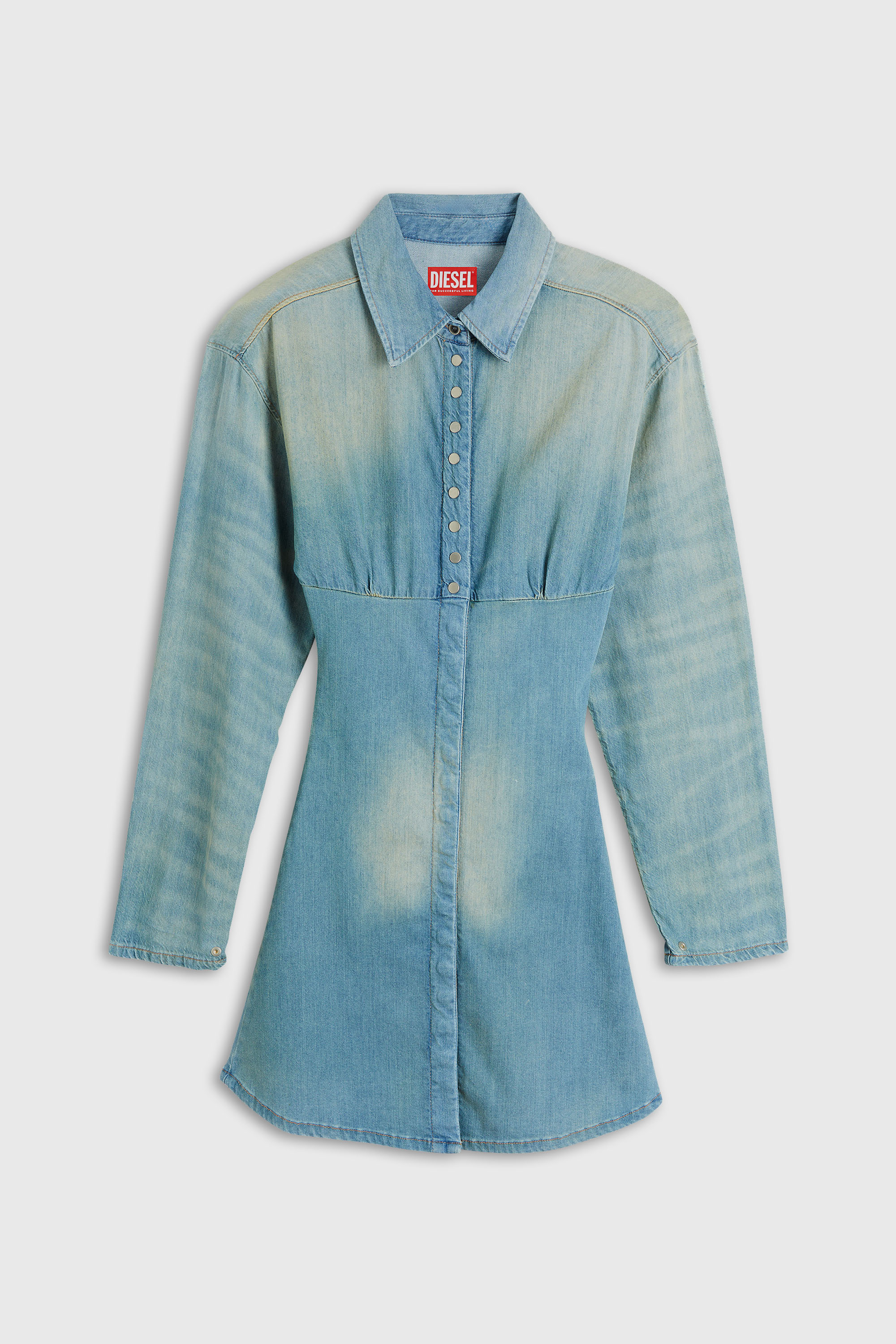 Diesel - DE-VIOLIM-S, Robe-chemise mini en denim &agrave; design segment&eacute; Femme in Bleu - 1