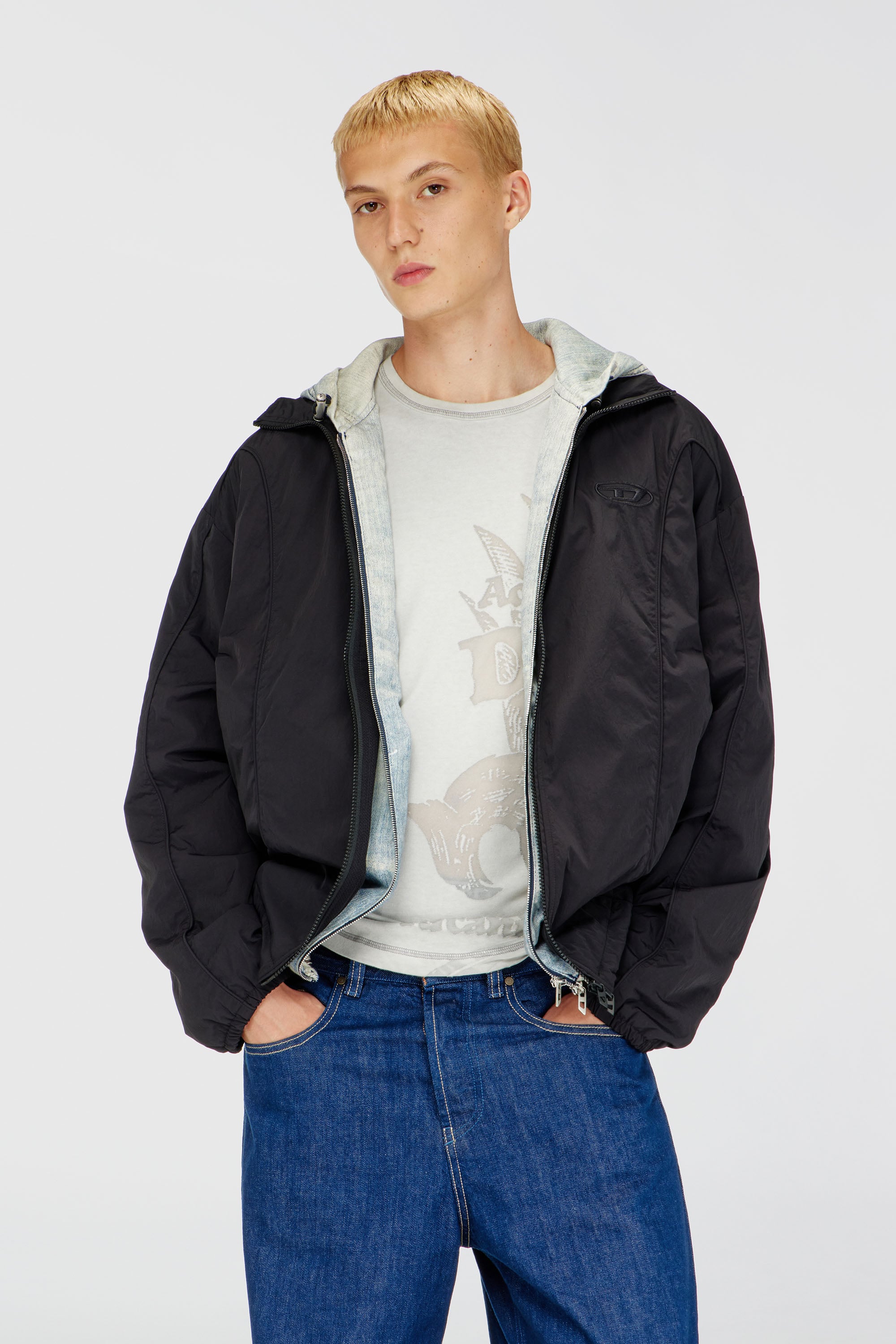 Diesel - J-FIVE-WRD-AKAD, Veste en nylon froiss&eacute; avec passepoil Homme in Noir - 1