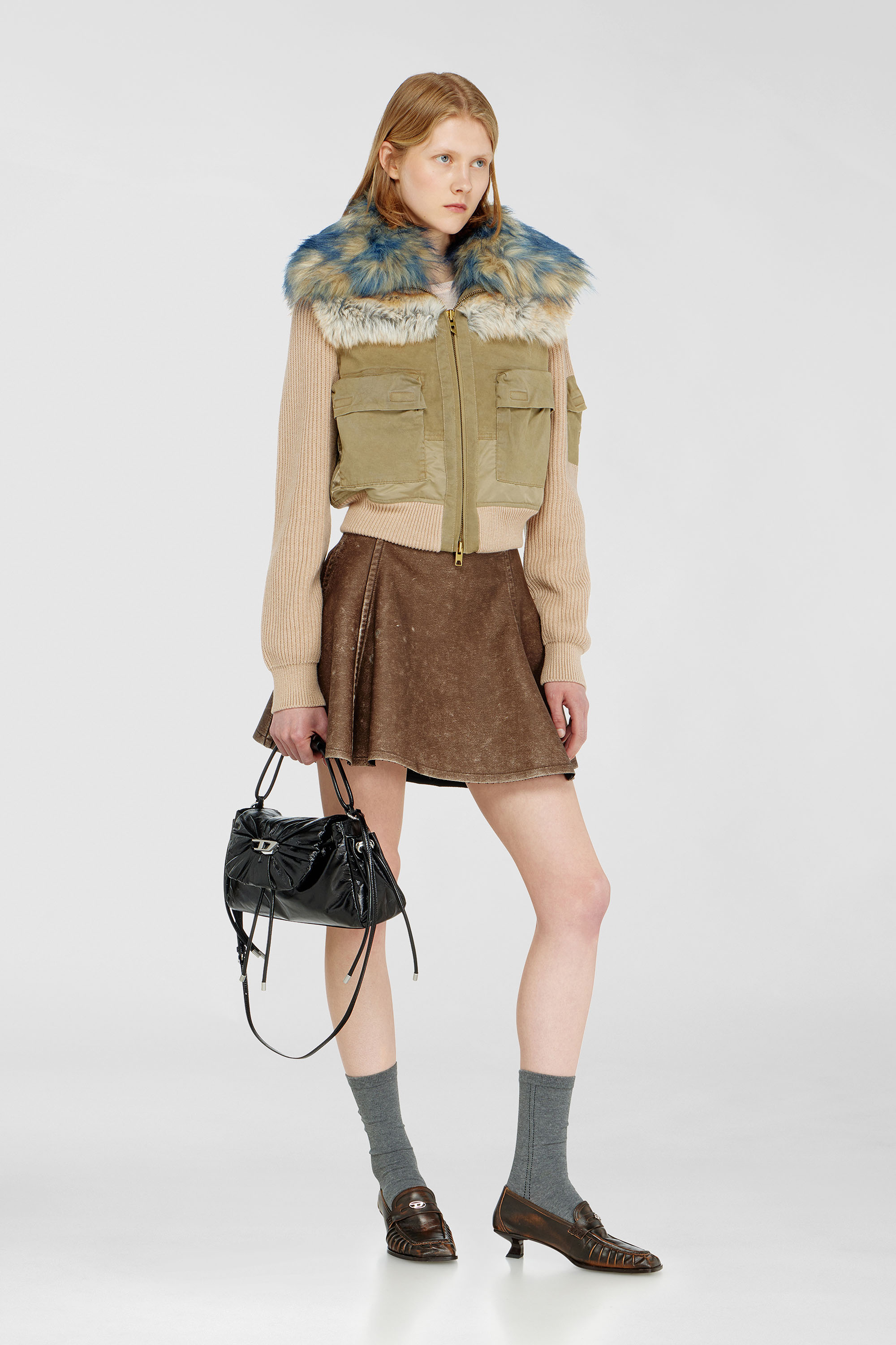 Diesel - G-USTAV, Blouson avec finitions en maille c&ocirc;tel&eacute;e et effet peluche Femme in Beige - 1