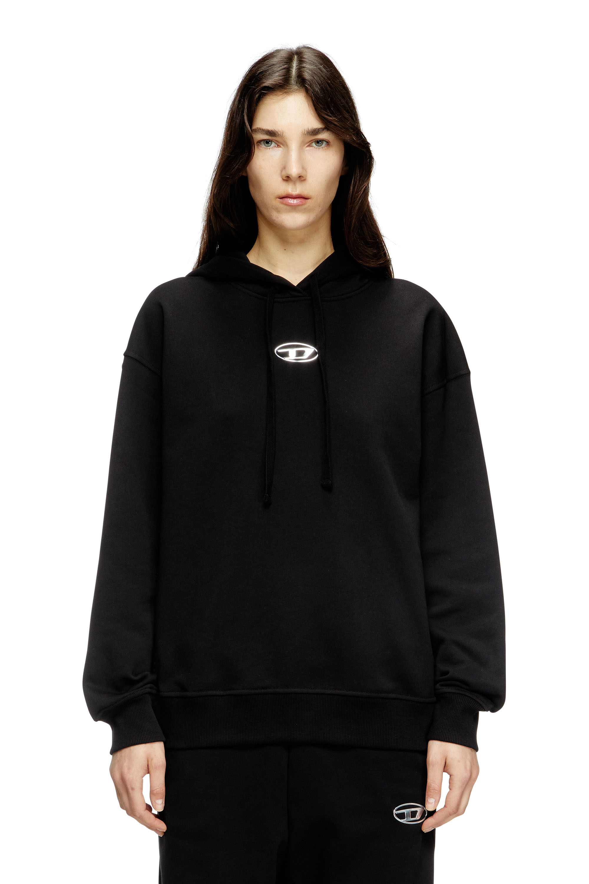 Diesel - F-BUXT-HOOD-OD, Sweat-shirt à capuche avec logo Oval D effet métal Femme in Noir - 1