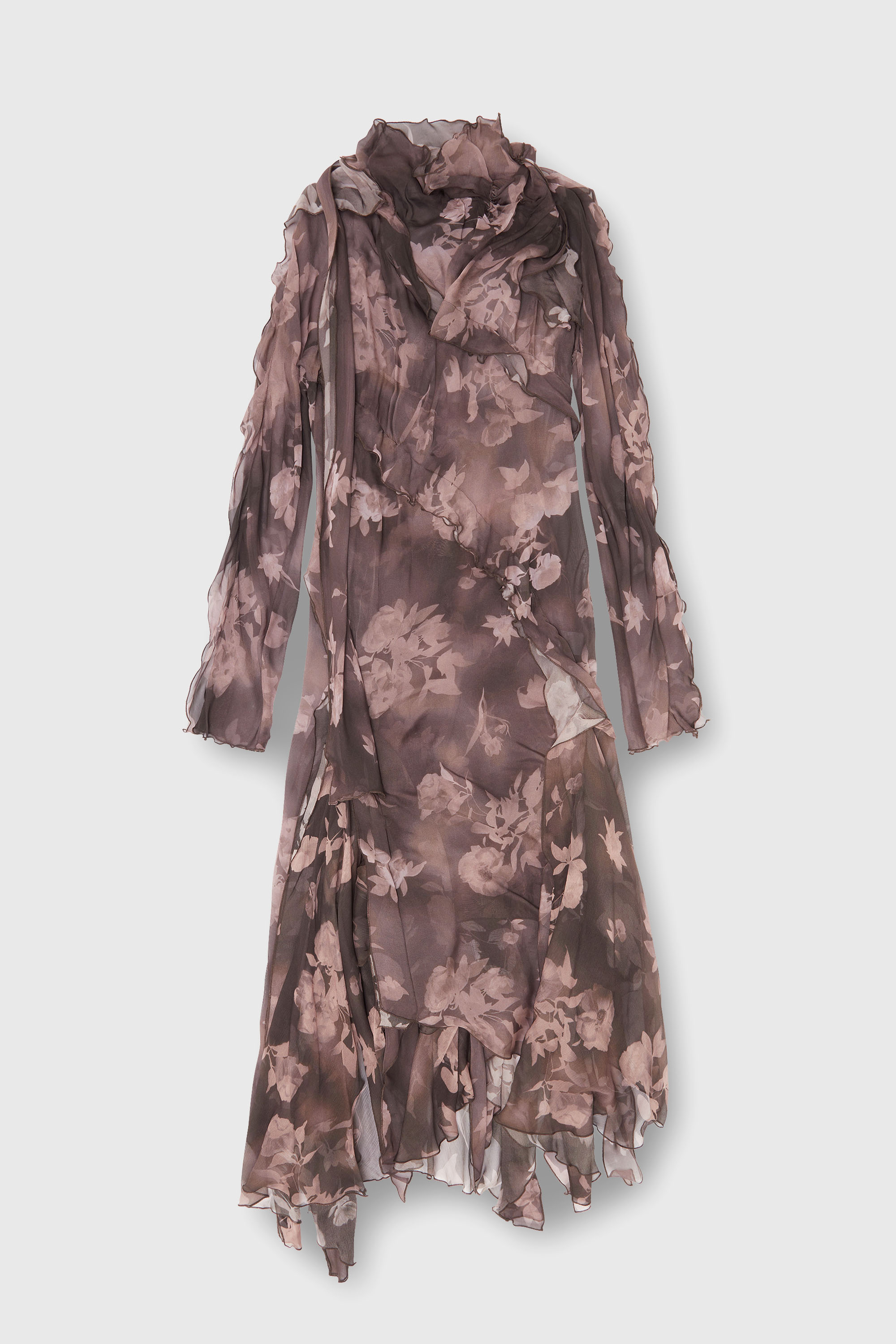 Diesel - D-RIADI, Robe midi asym&eacute;trique en chiffon et cr&ecirc;pe de soie Femme in Marron - 1
