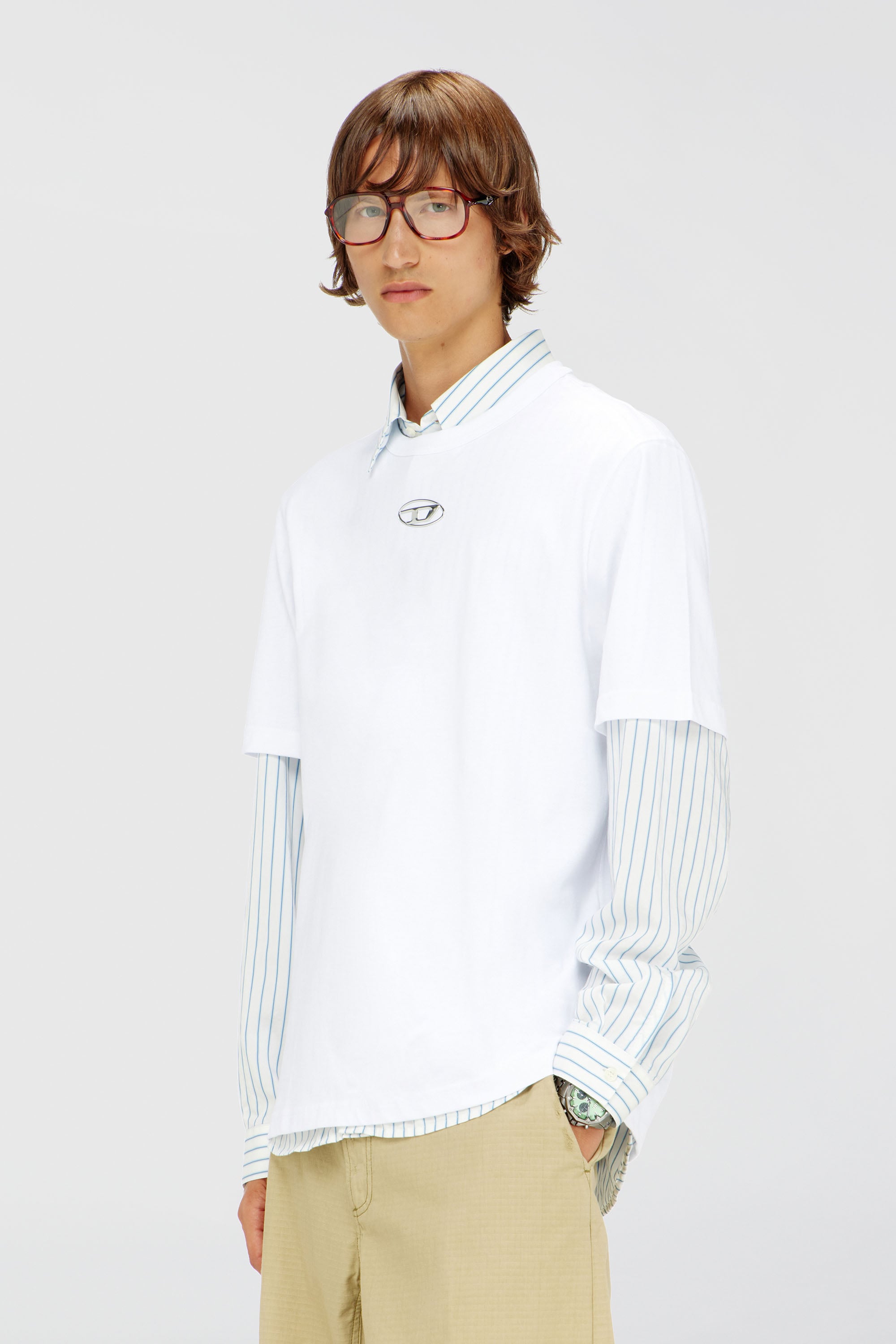 Diesel - T-ADJUST-OD, T-shirt avec logo Oval D m&eacute;tallis&eacute; Homme in Blanc - 1