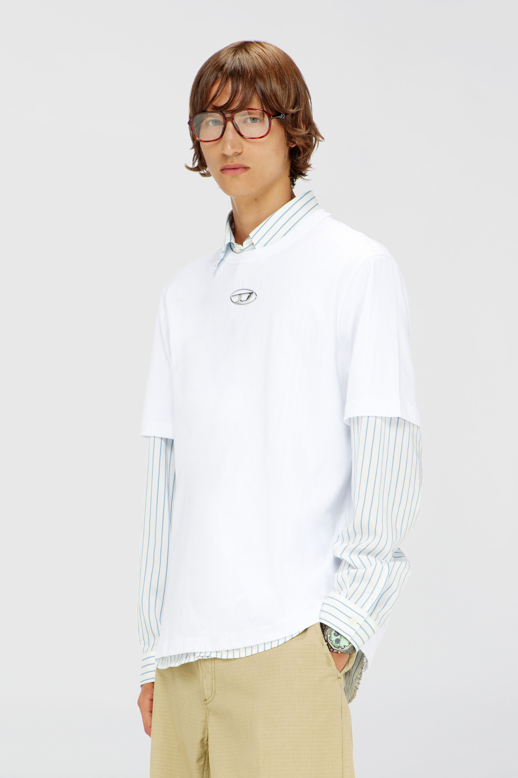 Diesel - T-ADJUST-OD, T-shirt avec logo Oval D m&eacute;tallis&eacute; Homme in Blanc - 3