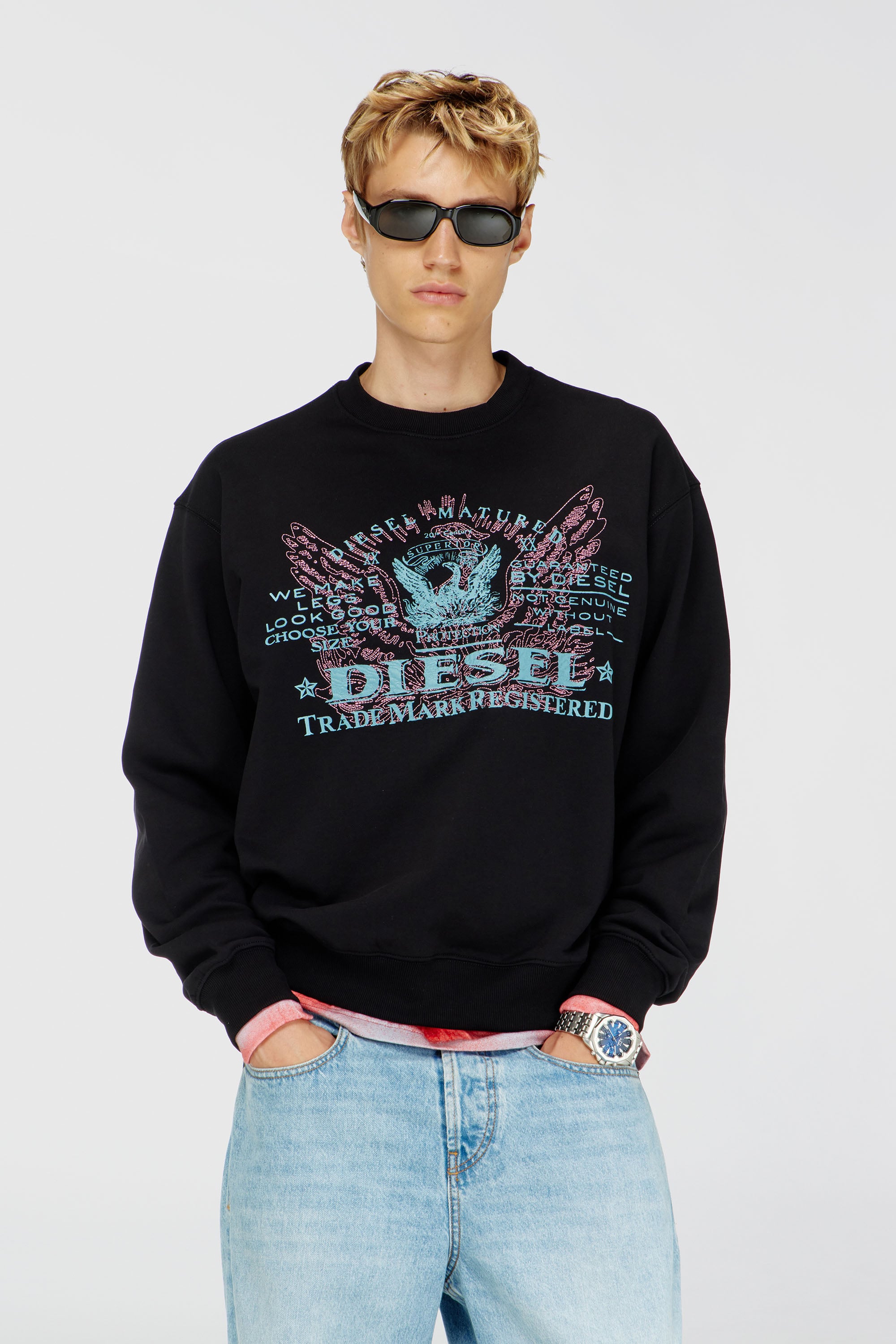 Diesel - S-LUK-R-FEN-T92, Sweat-shirt en coton avec imprim&eacute; graphique Homme in Noir - 1