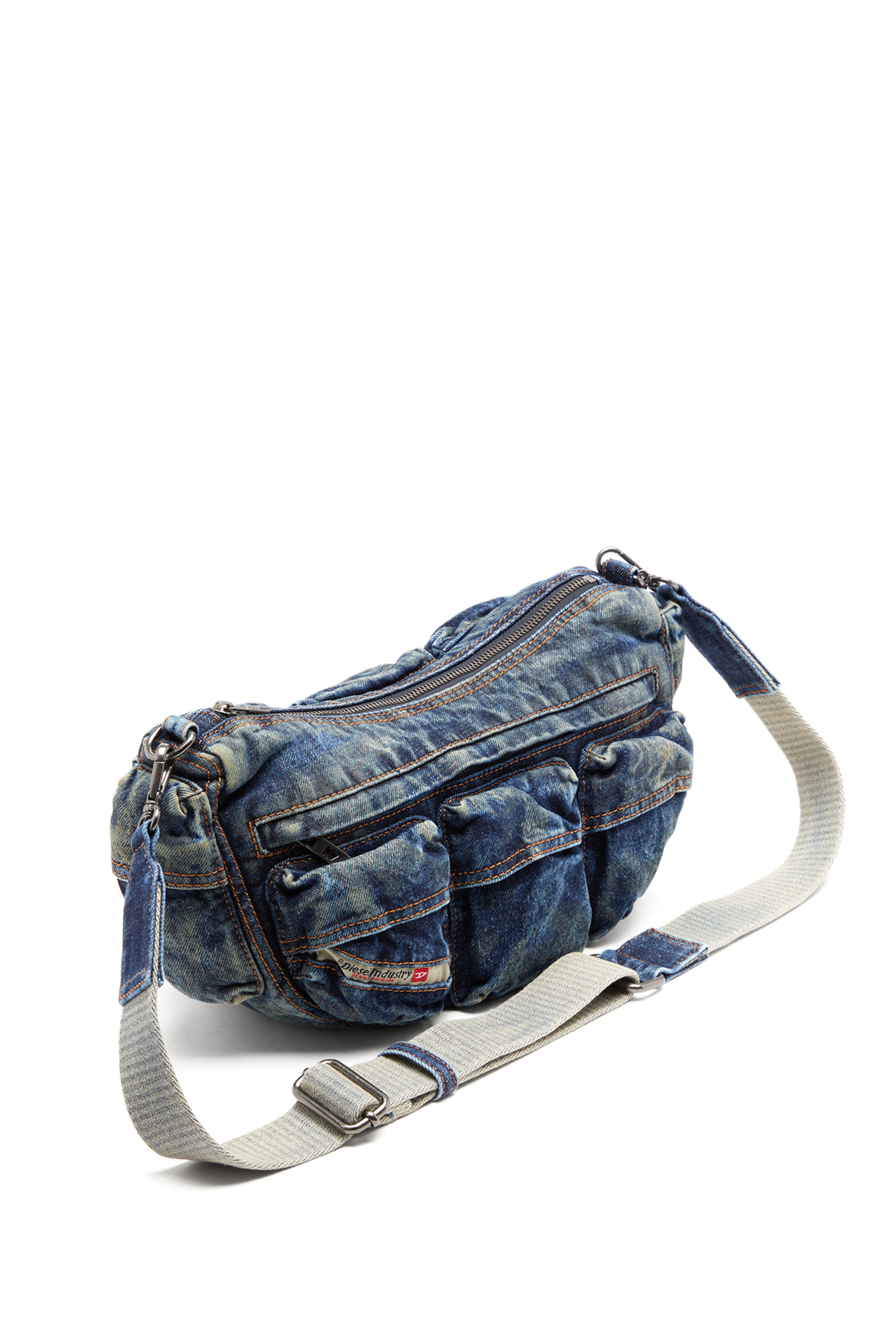 Diesel - RE-EDITION TRAVEL 3000 SHOULDER BAG X, Unisex Travel 3000-Multipocket bag in treated denim in Blue - Image 5