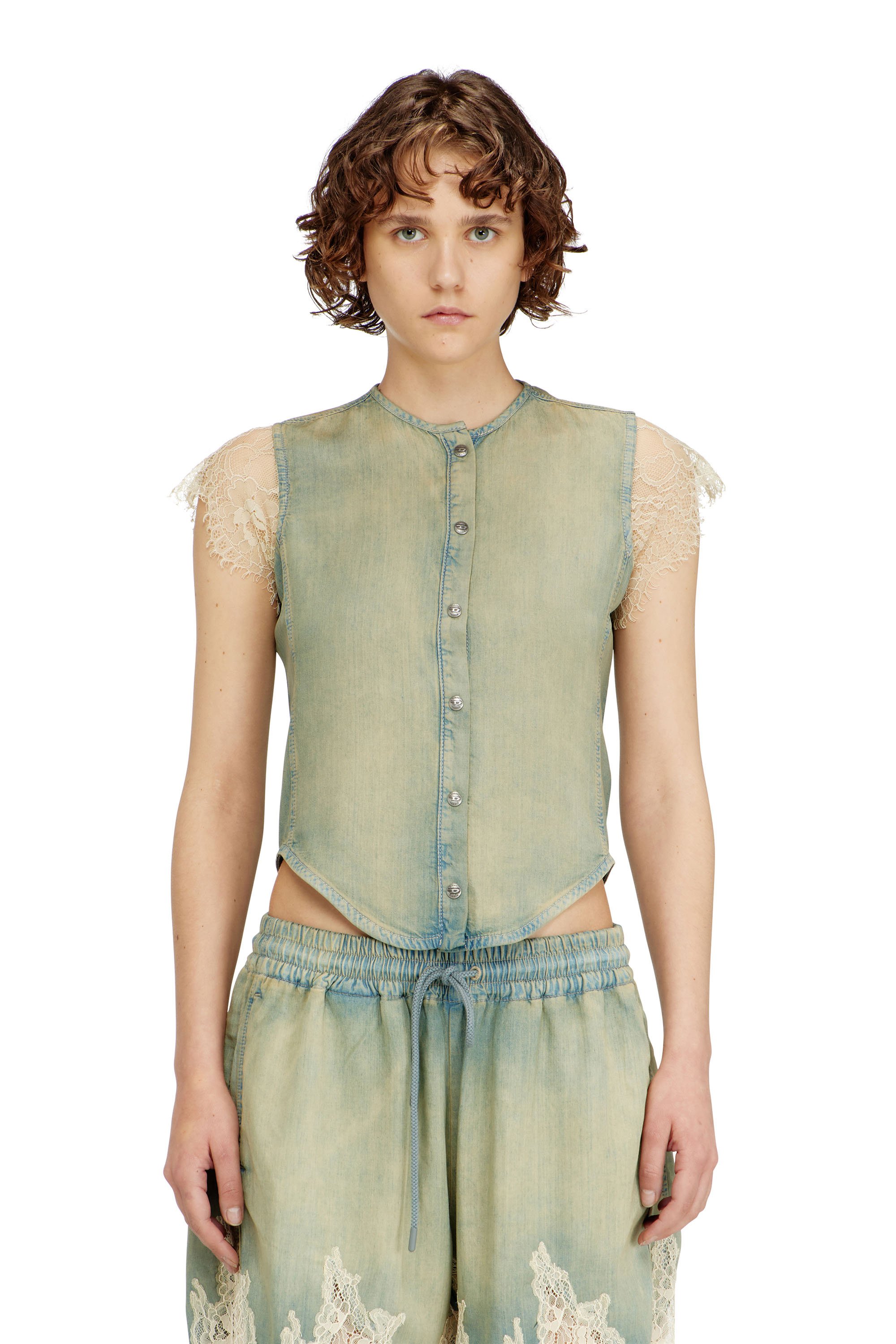 Diesel - DE-MALKA-S, Chemise &agrave; manches courtes en denim et dentelle Femme in ToBeDefined - 1