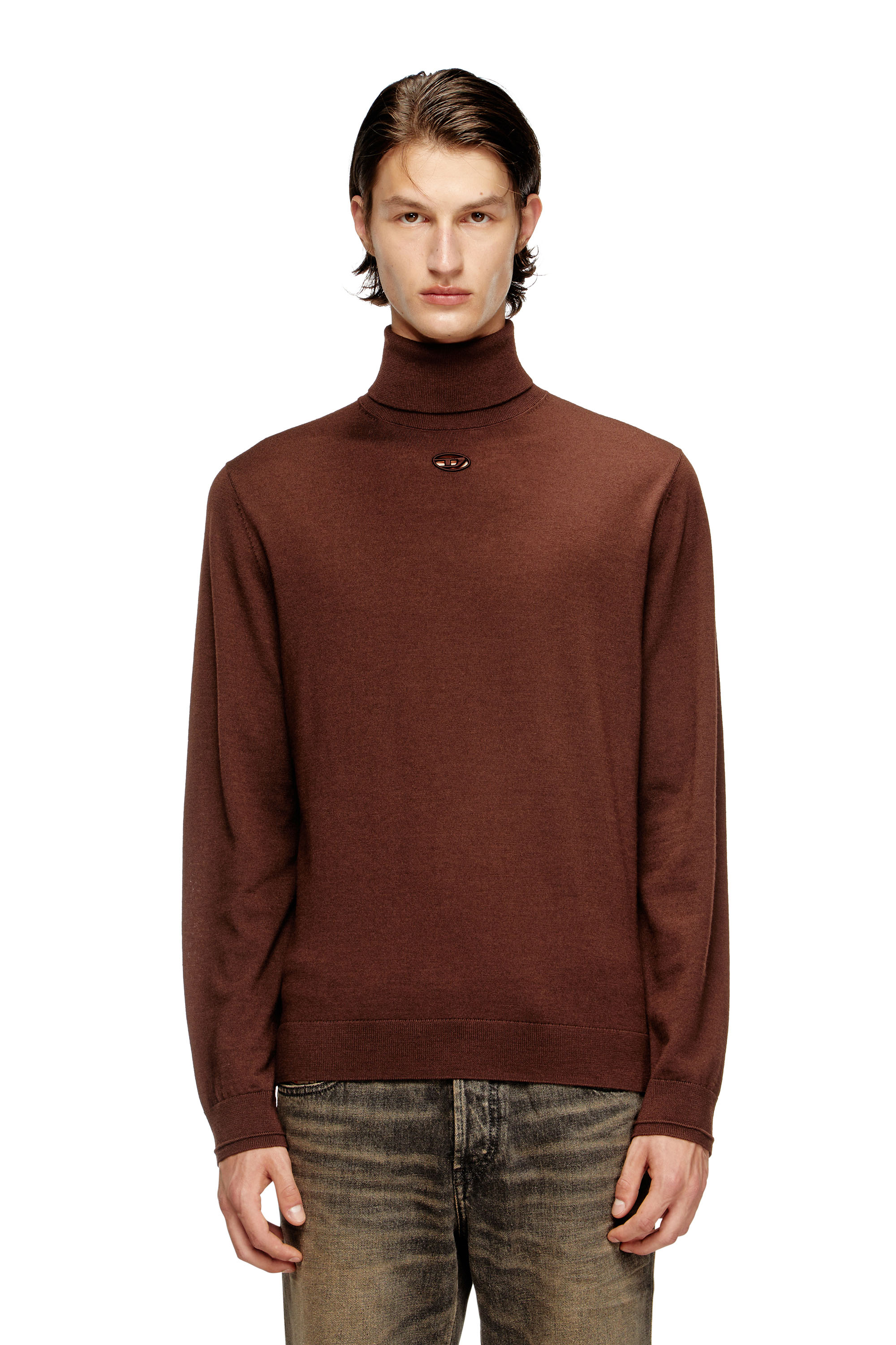 Diesel - K-VARTA, Pull à col roulé en laine avec logo ajouré Homme in Marron - 1