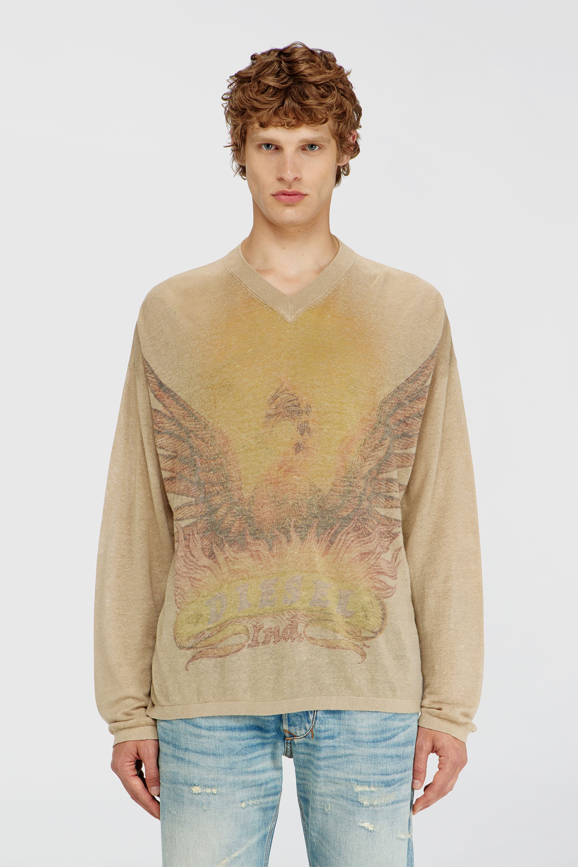 Diesel - K-ARMINS, Pull en lin avec imprim&eacute; Phoenix d&eacute;lav&eacute; Homme in Beige - 1