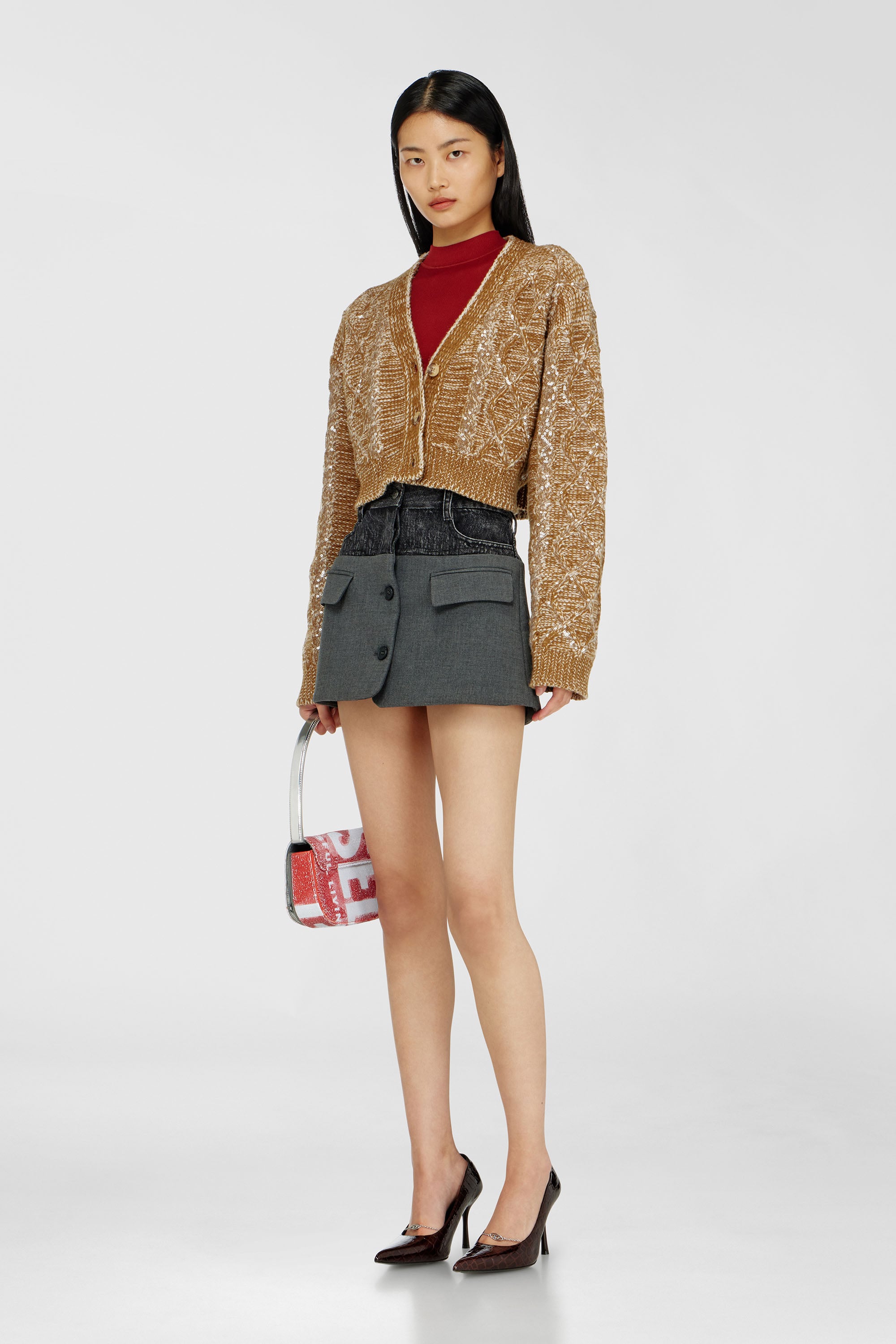 Diesel - O-DYLIC, Mini-jupe en denim avec empi&egrave;cement tailleur Femme in Gris - 2