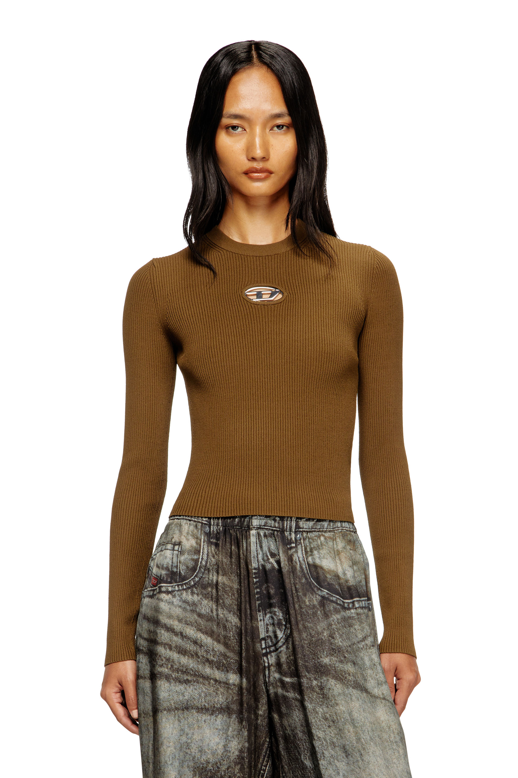 Diesel - M-VALARI, Top en viscose mélangée côtelée avec Oval D Femme in Vert - 1