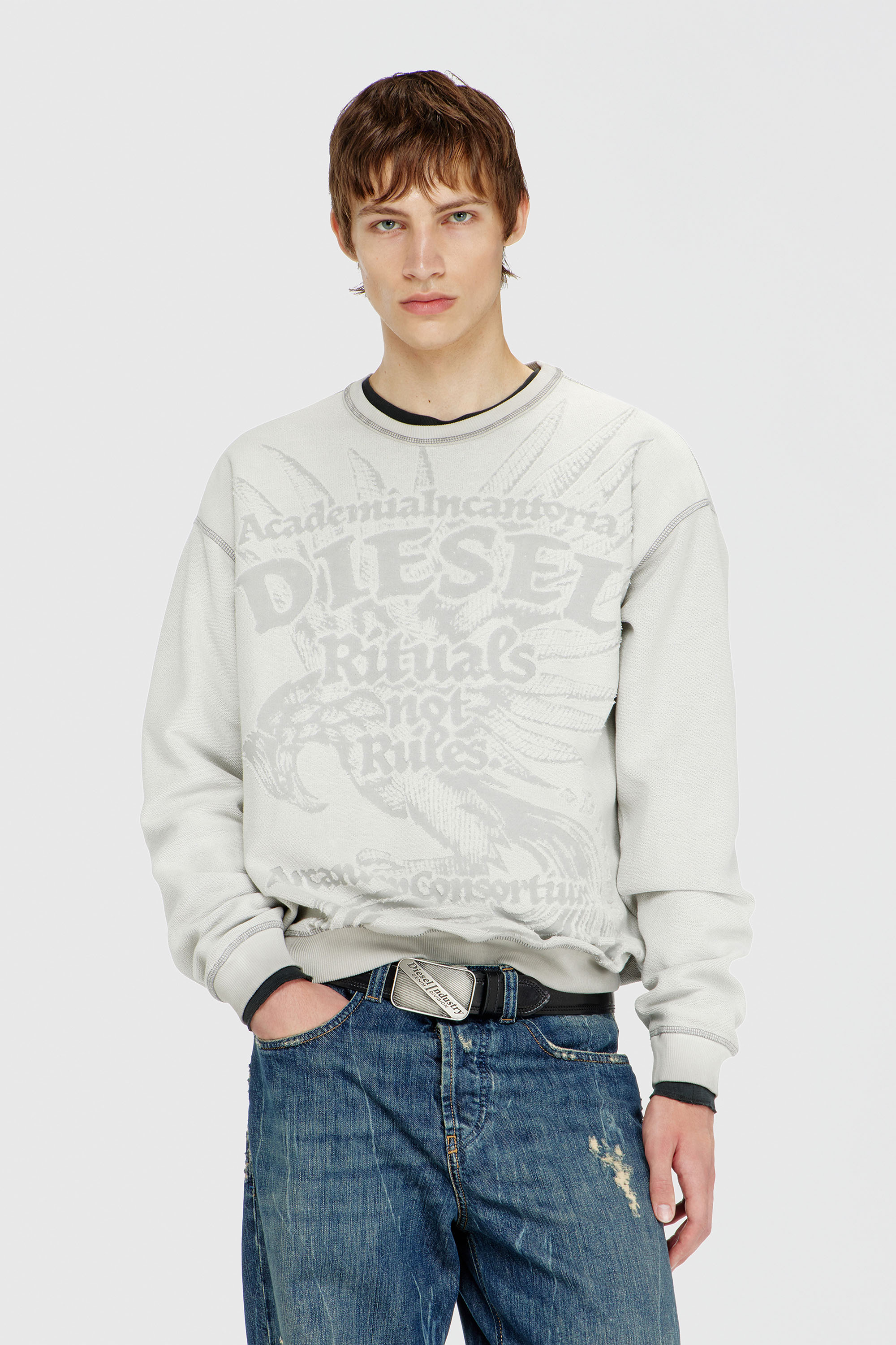 Diesel - S-ARON-RAW, Sweat-shirt avec imprim&eacute; d&eacute;vor&eacute; Homme in Gris - 1