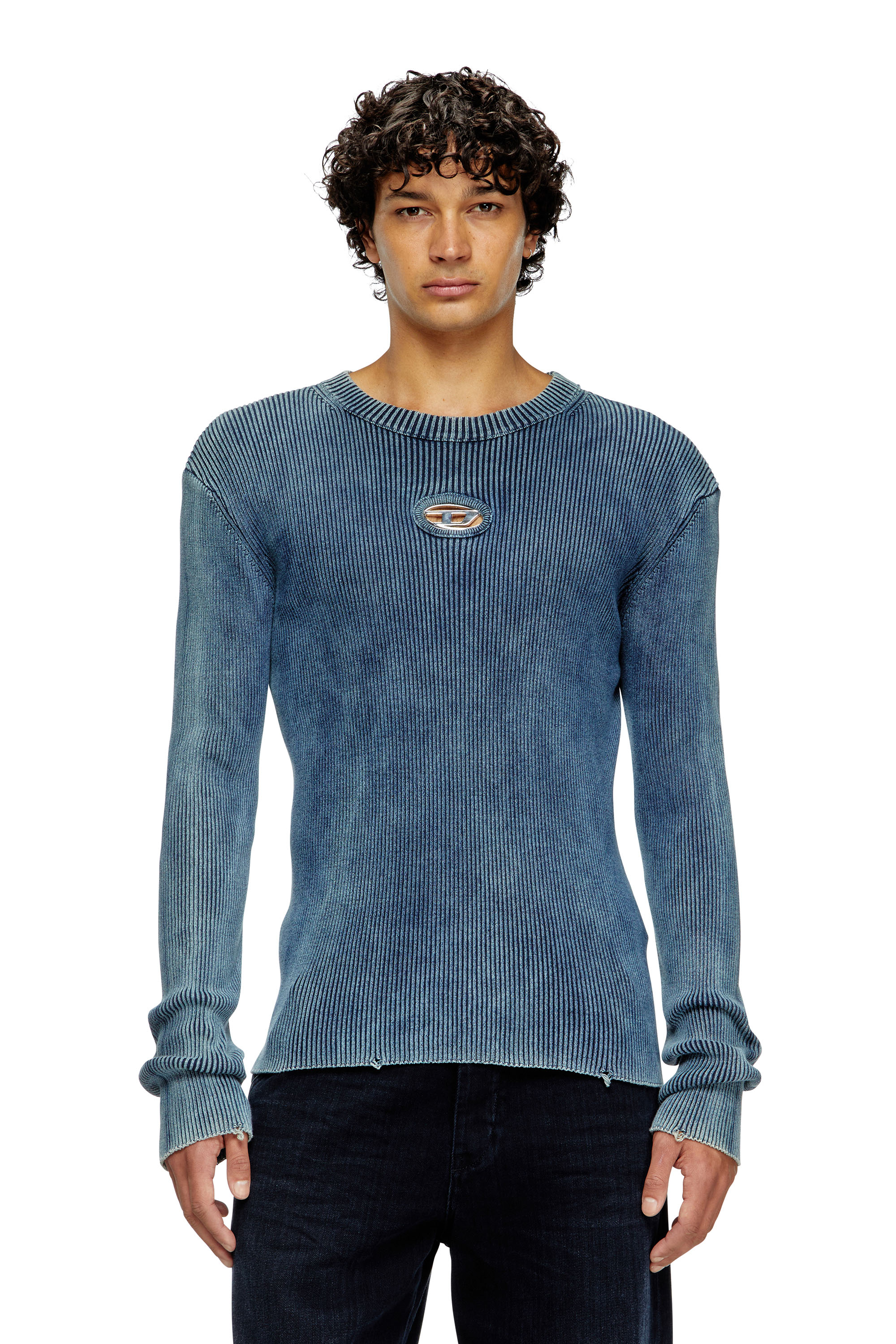 Diesel - K-DARIN-D, Pull effet vieilli avec logo cut-out Homme in Bleu - 1